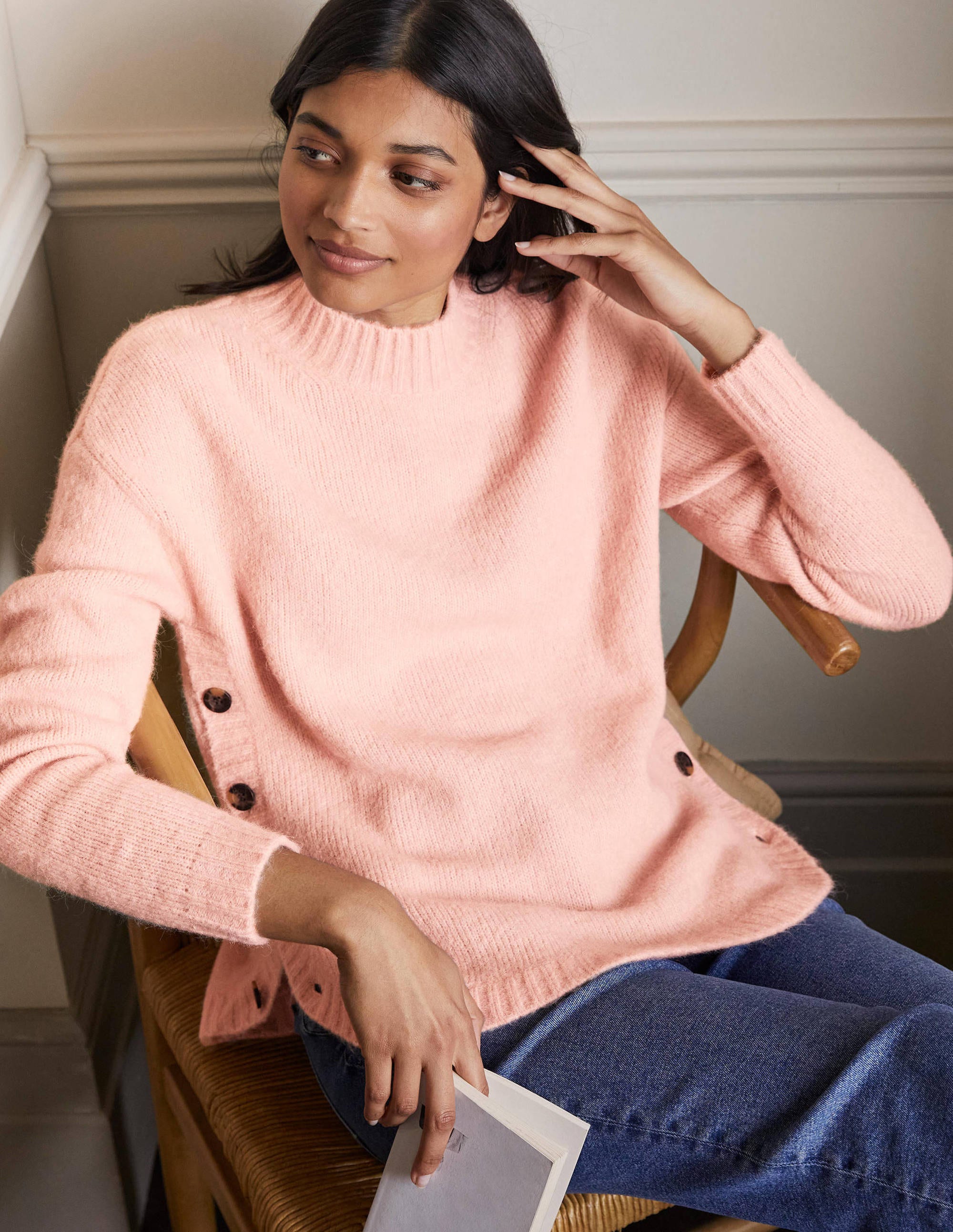 Fluffy Side Button Sweater-Milkshake - Image 1
