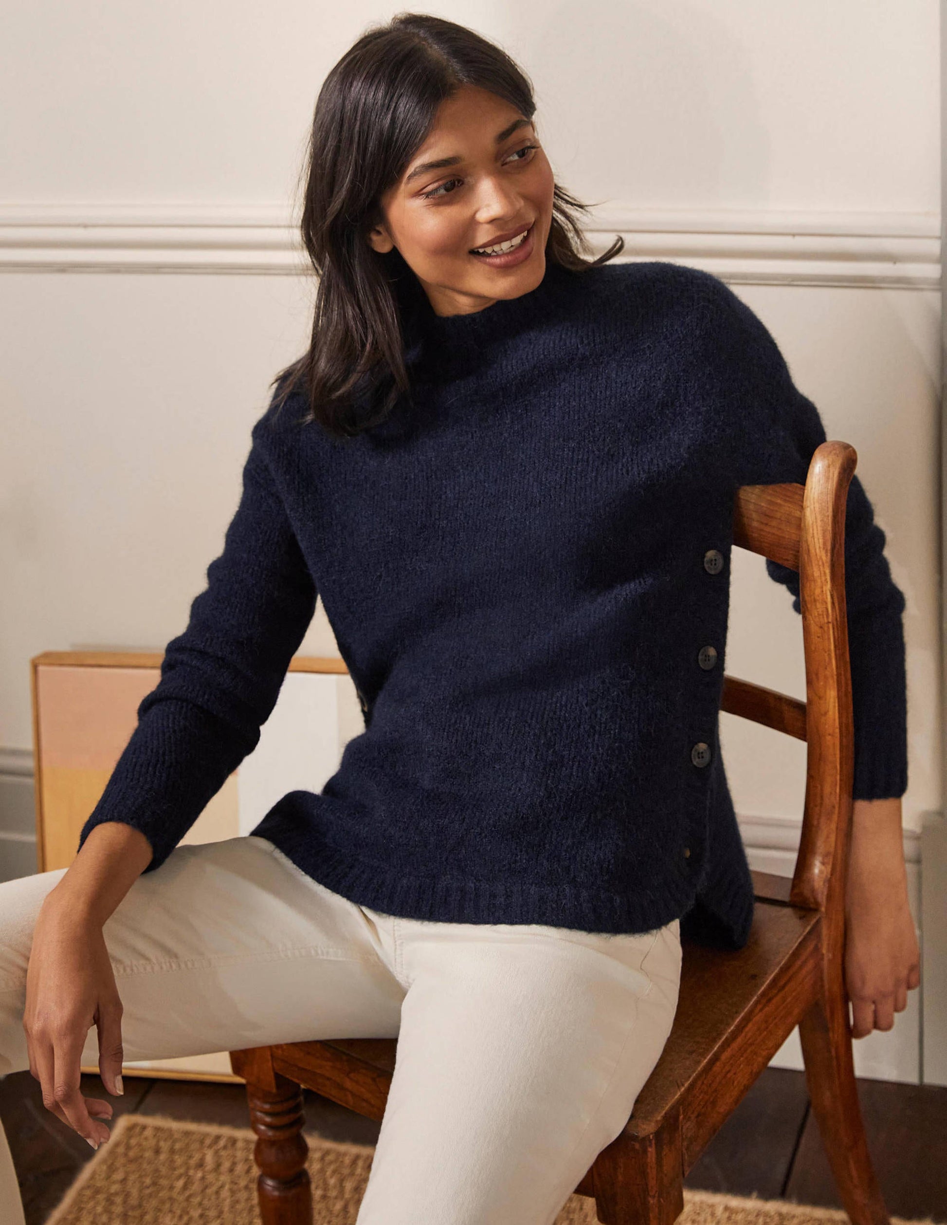Fluffy Side Button Sweater-Navy-1