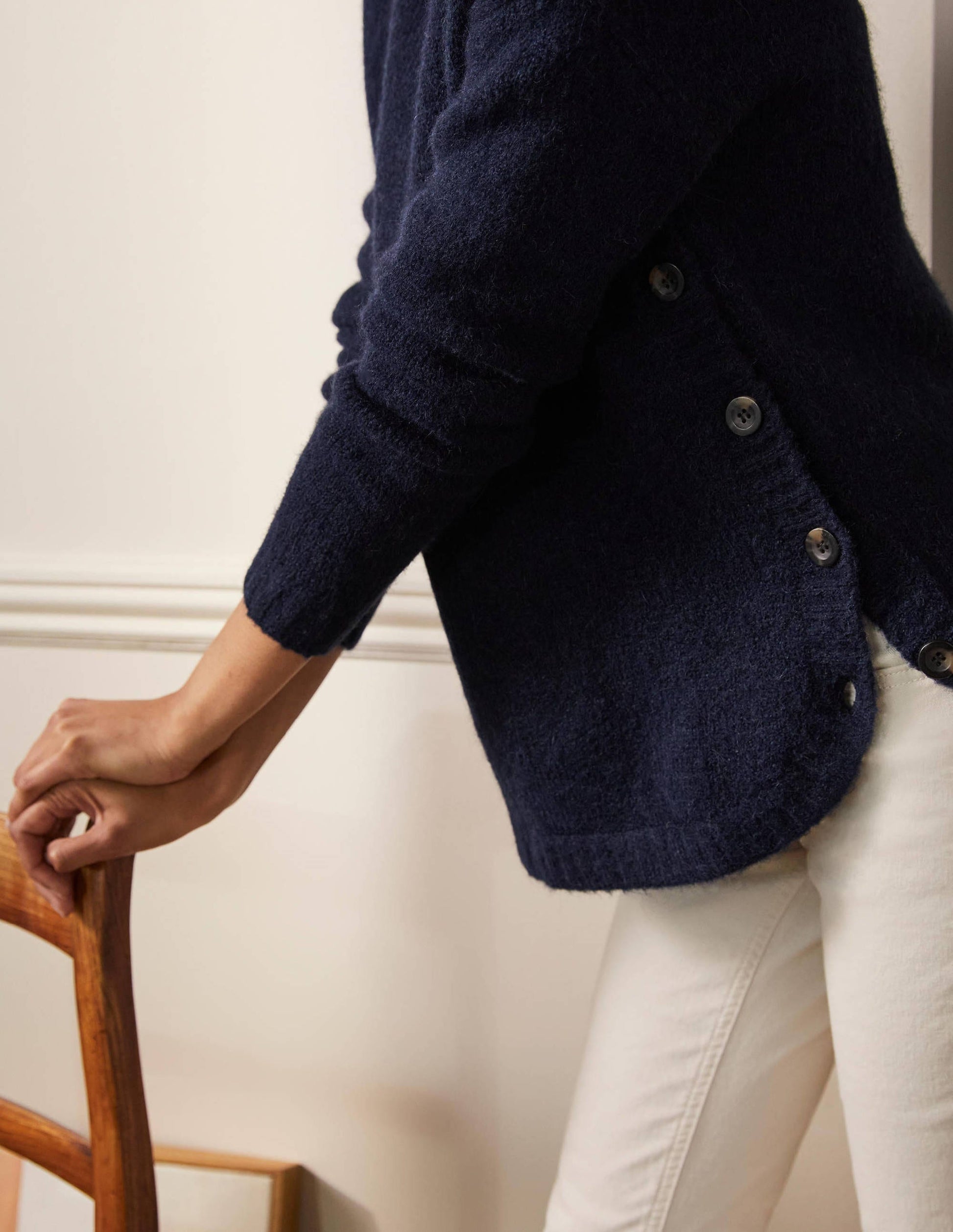 Fluffy Side Button Sweater-Navy-2