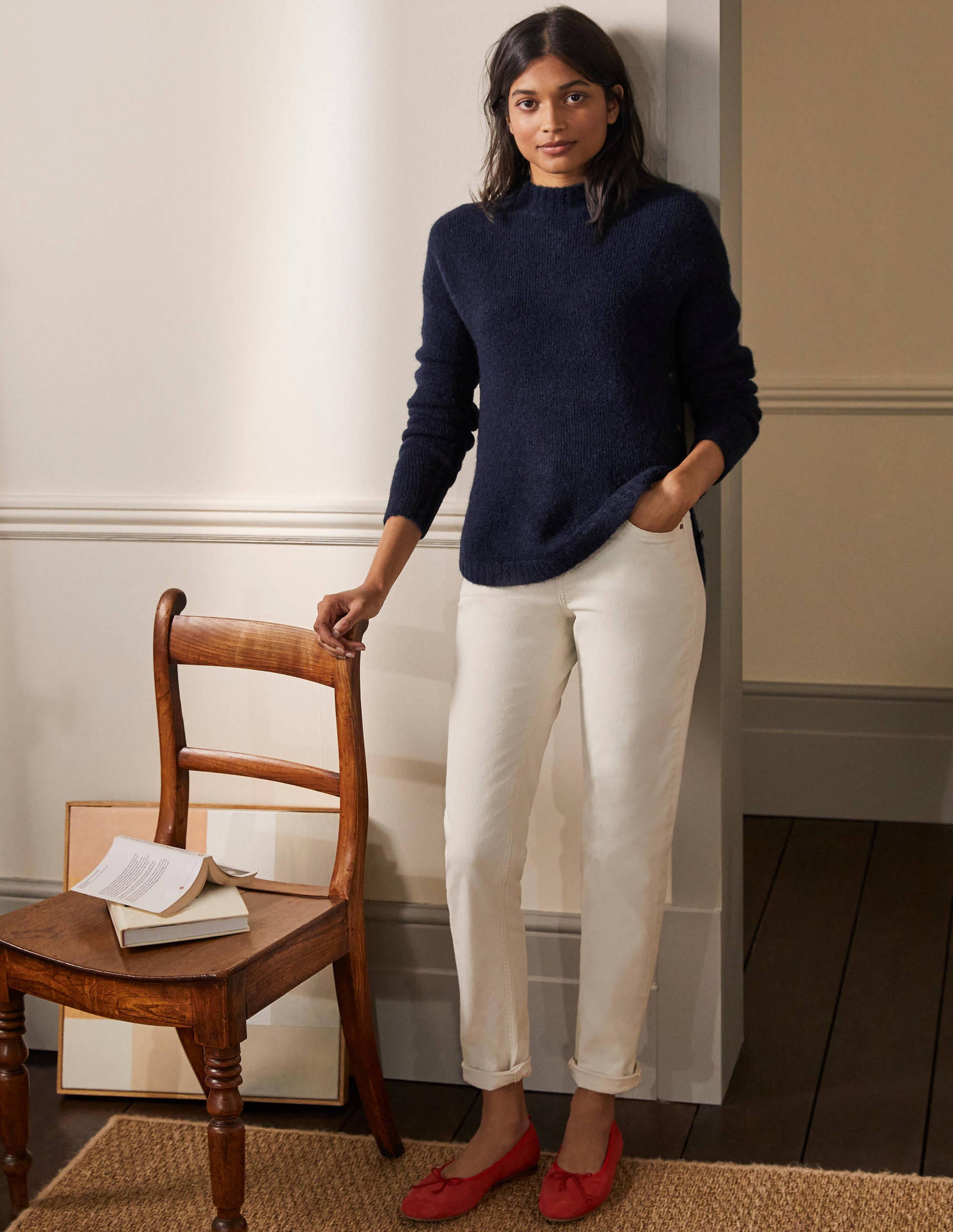 Fluffy Side Button Sweater-Navy - Image 4