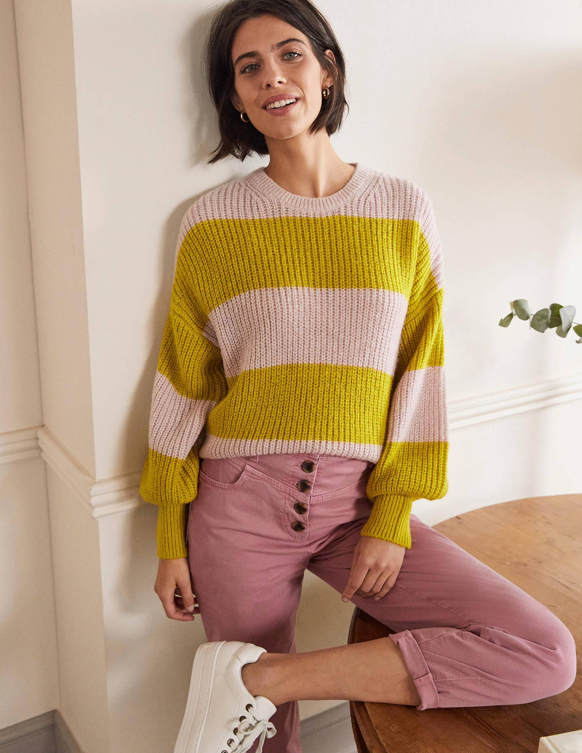 Blouson Cuff Fluffy Sweater-Pink, Yellow Multistripe-1