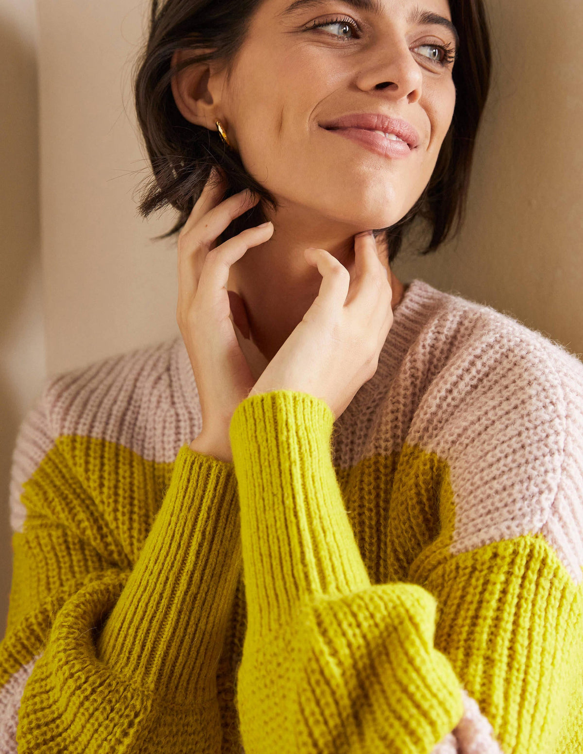 Blouson Cuff Fluffy Sweater-Pink, Yellow Multistripe-2