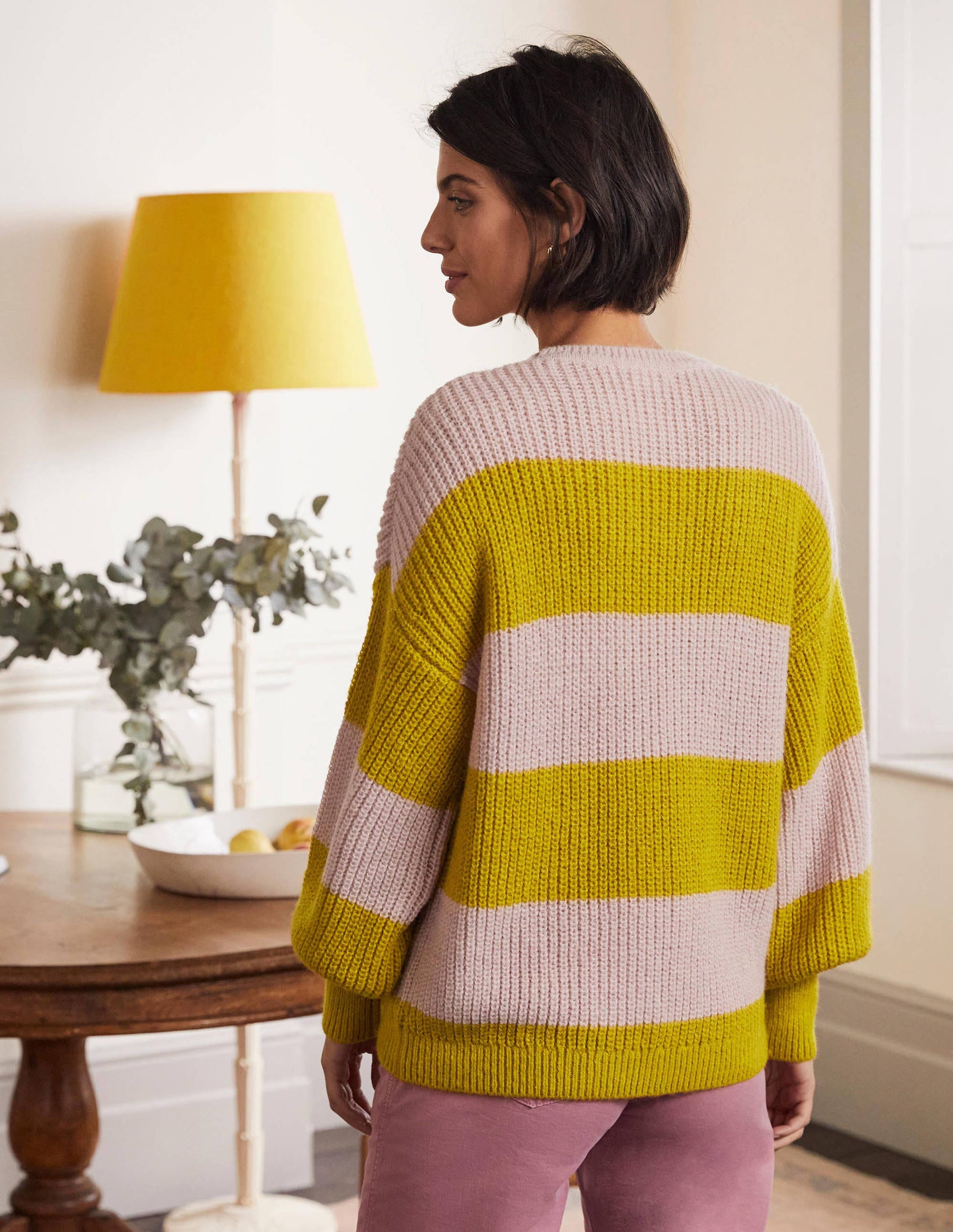 Blouson Cuff Fluffy Sweater-Pink, Yellow Multistripe-3