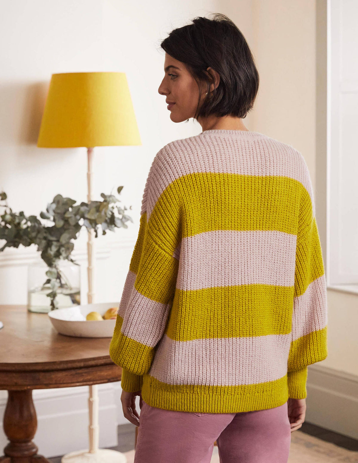 Blouson Cuff Fluffy Sweater-Pink, Yellow Multistripe - Image 3