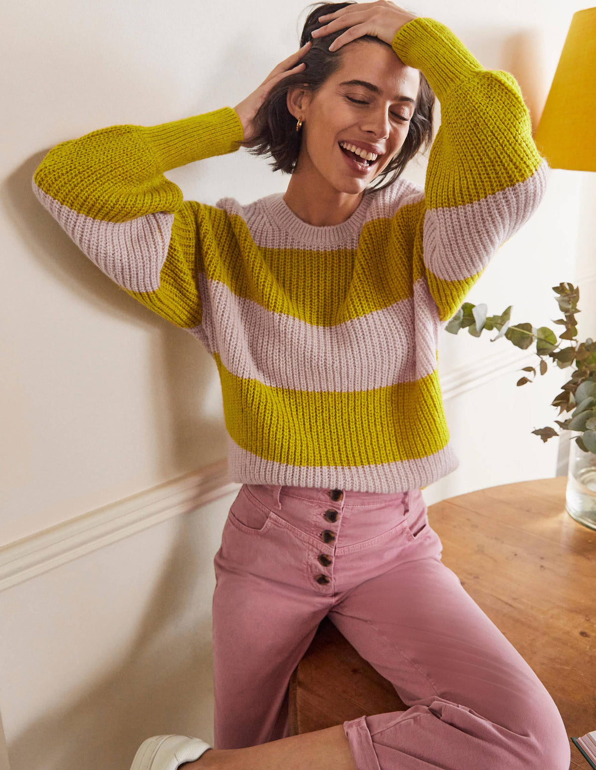 Blouson Cuff Fluffy Sweater-Pink, Yellow Multistripe - Image 4