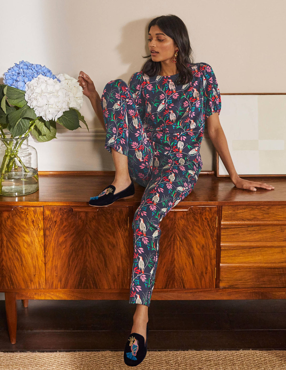 Ludlow Satin Pants-French Navy, Berry Bird - Image 5