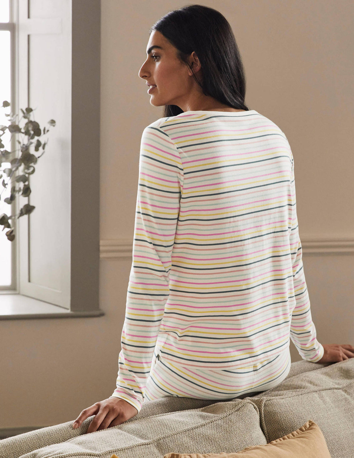 Emma Long Sleeve Pajama Top-Pale Lemon and Heath Stripe-3