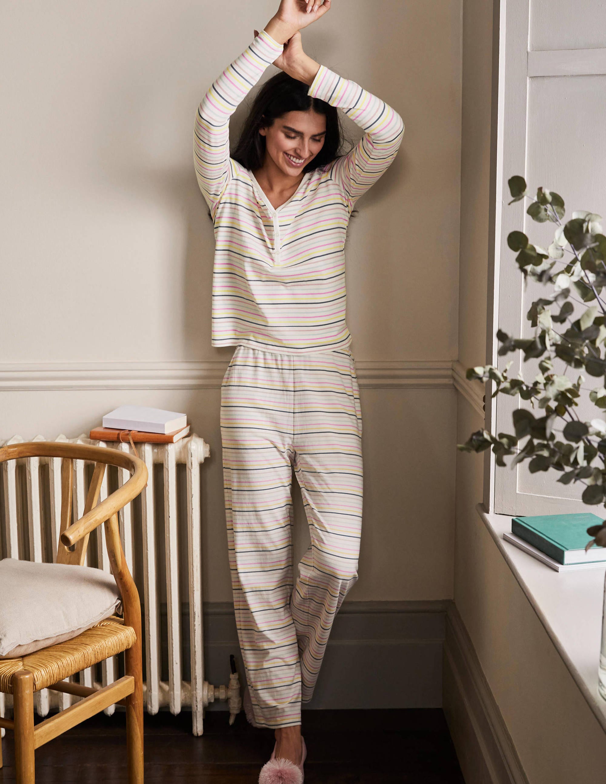 Emma Long Sleeve Pajama Top-Pale Lemon and Heath Stripe - Image 4