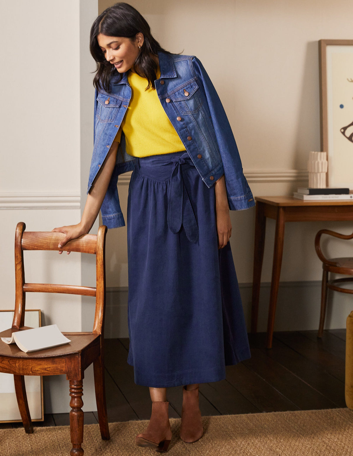 Tie Waist Cord Midaxi Skirt-Night Blue-1