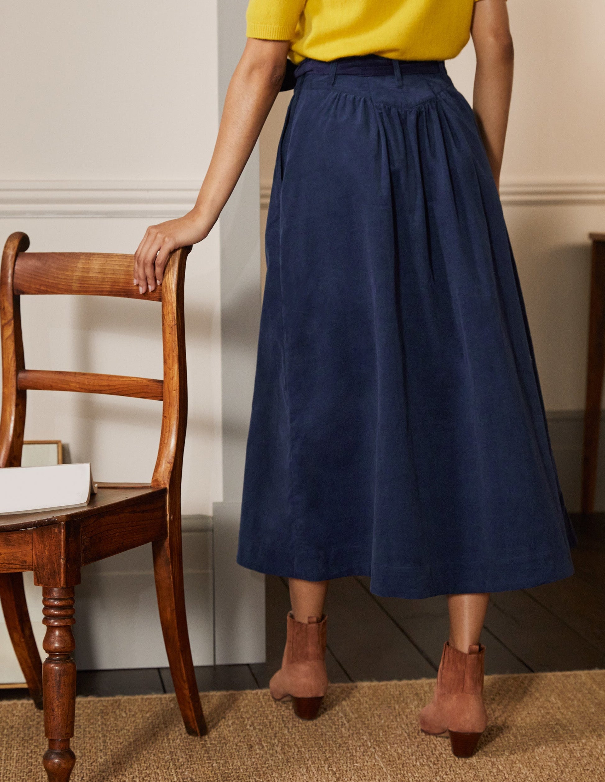 Tie Waist Cord Midaxi Skirt-Night Blue-3