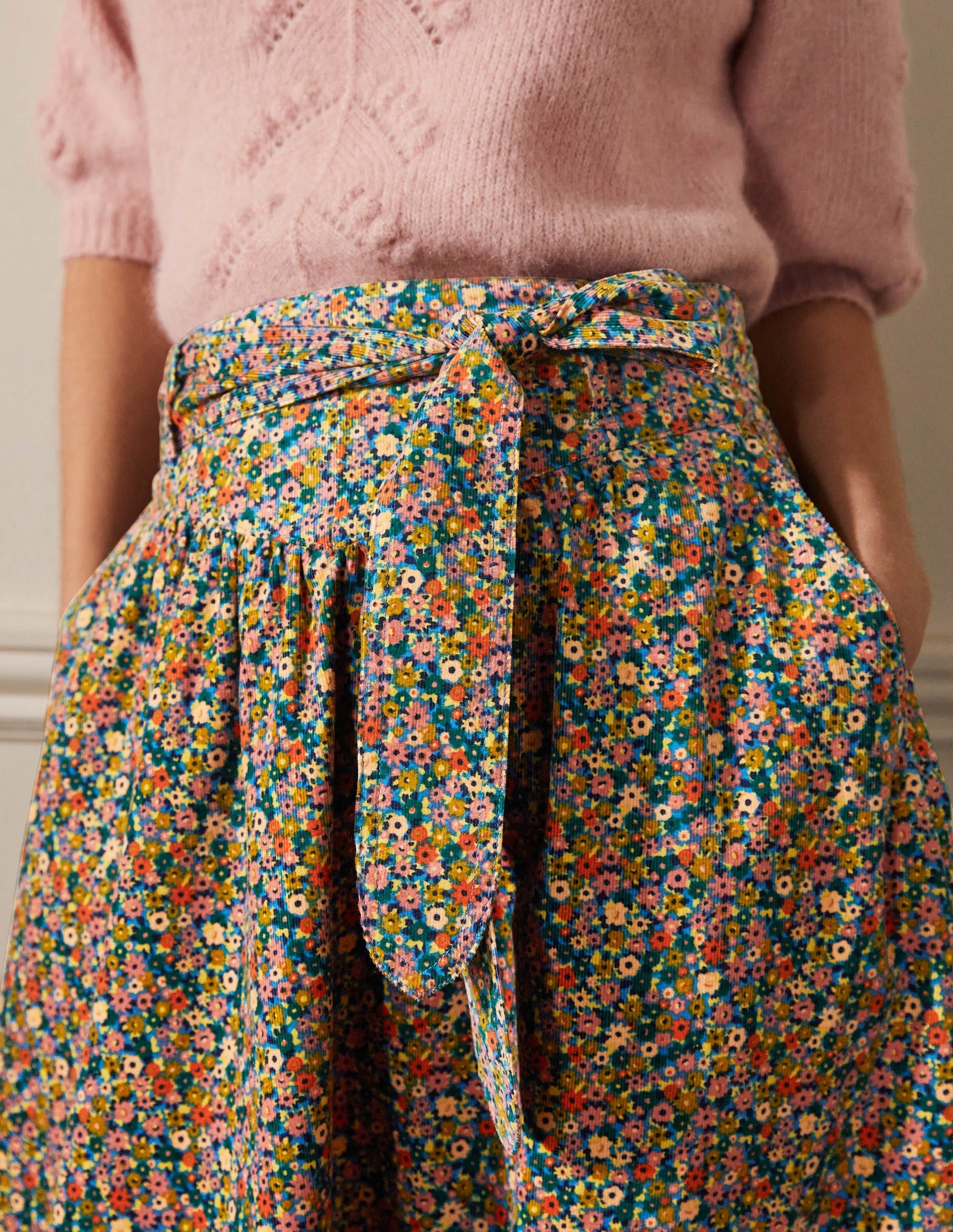 Tie Waist Cord Midaxi Skirt-Dusty Red, Floral Print-2