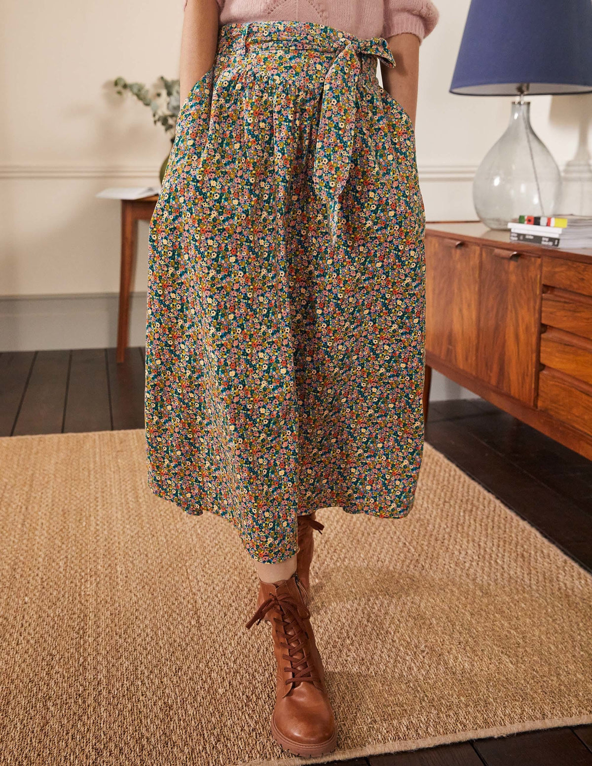 Tie Waist Cord Midaxi Skirt-Dusty Red, Floral Print-4
