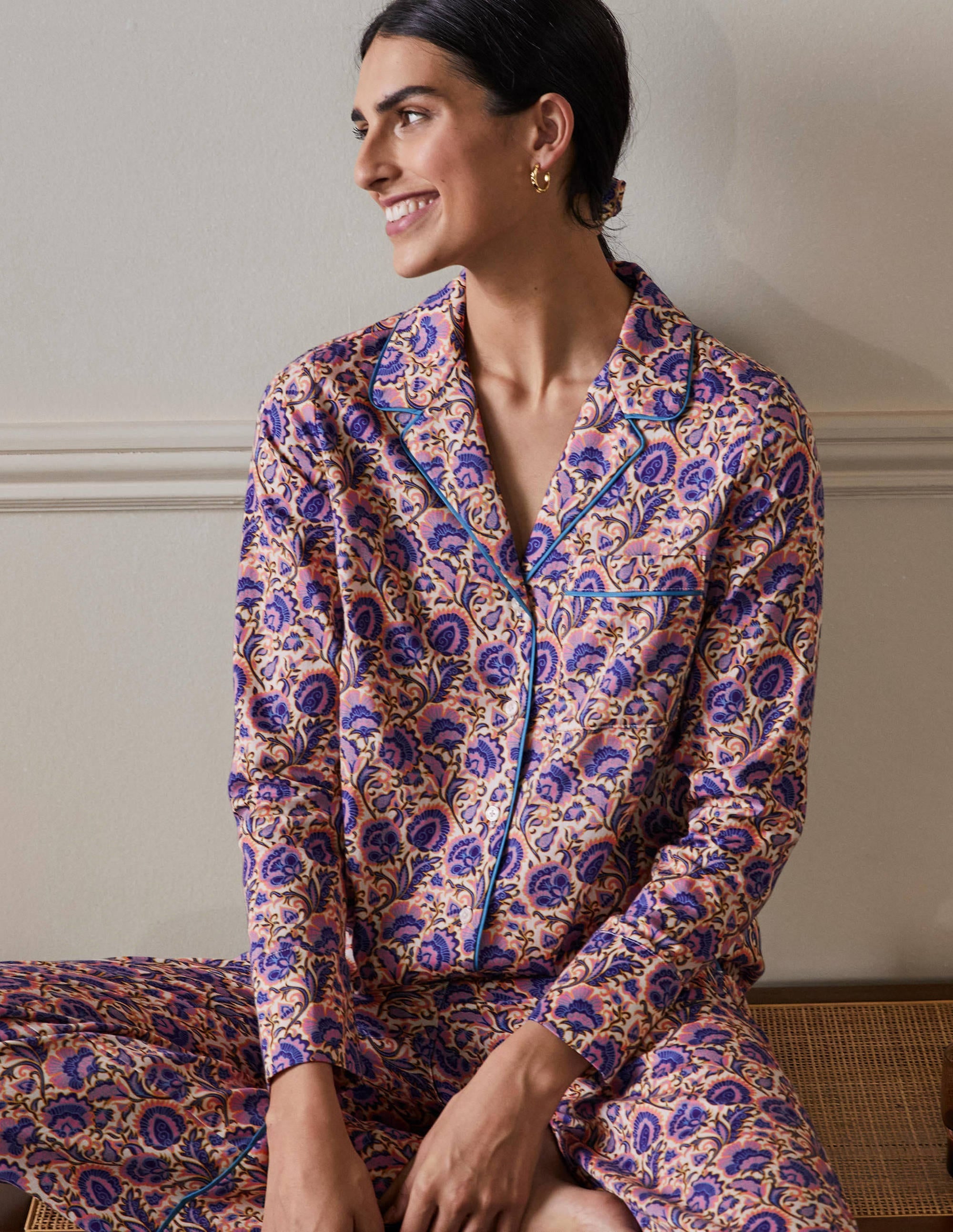 Janie Pajama Shirt-Ivory, Rich Floral - Image 1