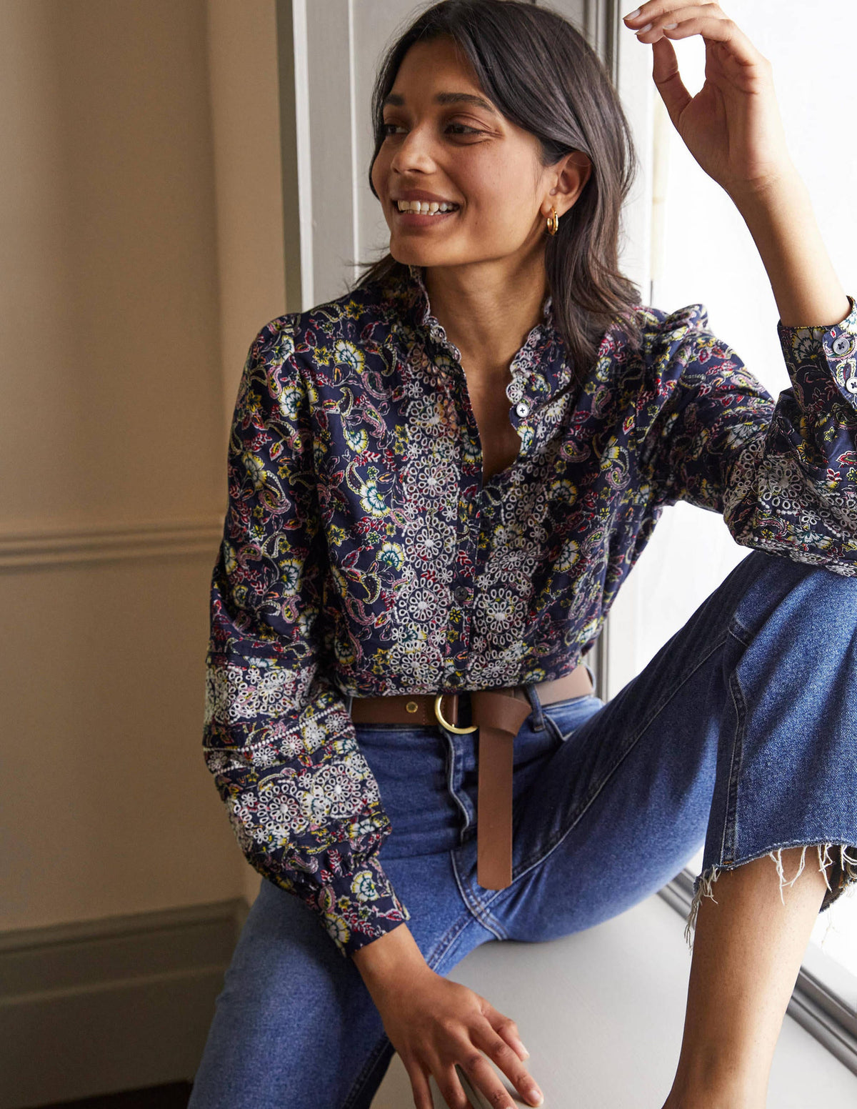 Broderie Cotton Blouse-French Navy, Exotic Floral - Image 5