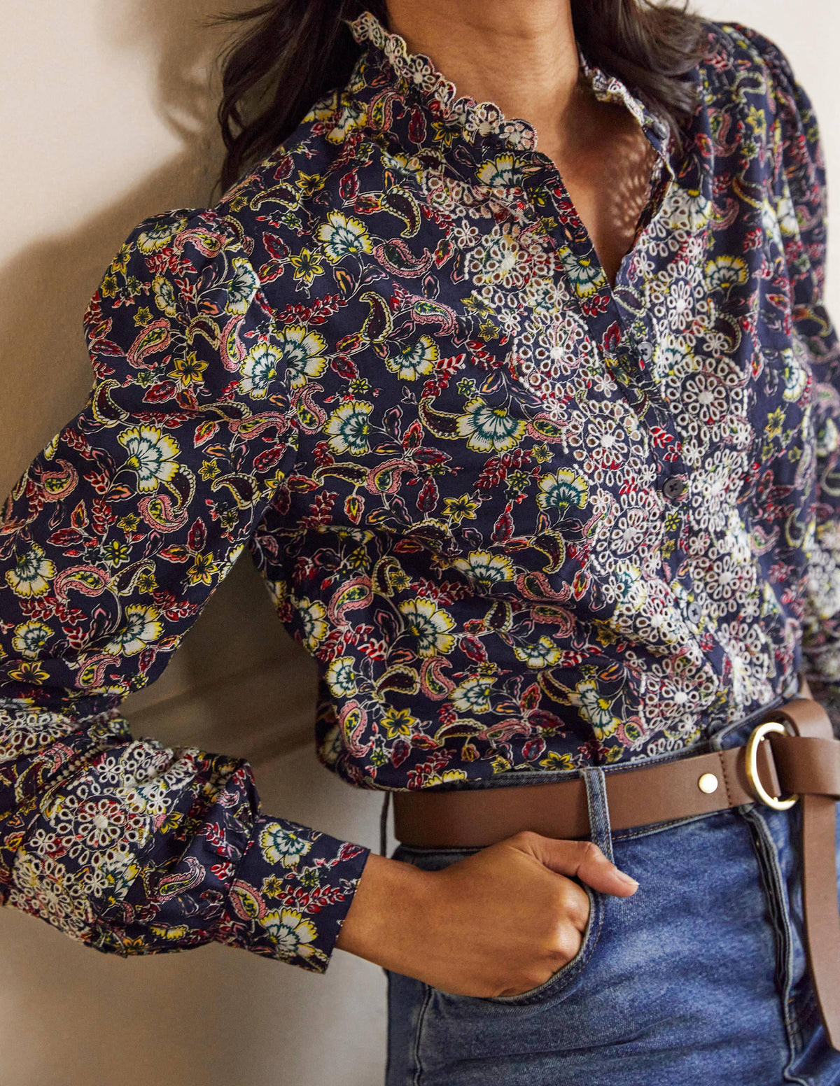 Broderie Cotton Blouse-French Navy, Exotic Floral - Image 1