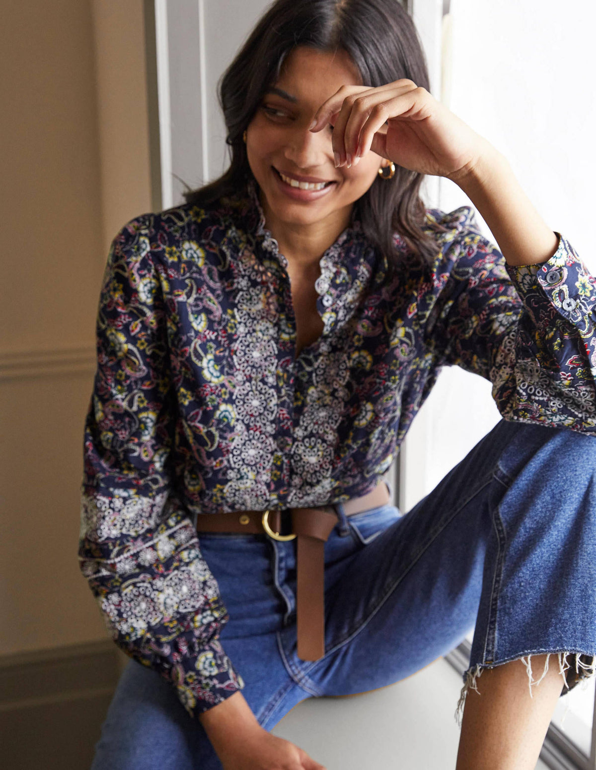 Broderie Cotton Blouse-French Navy, Exotic Floral - Image 3
