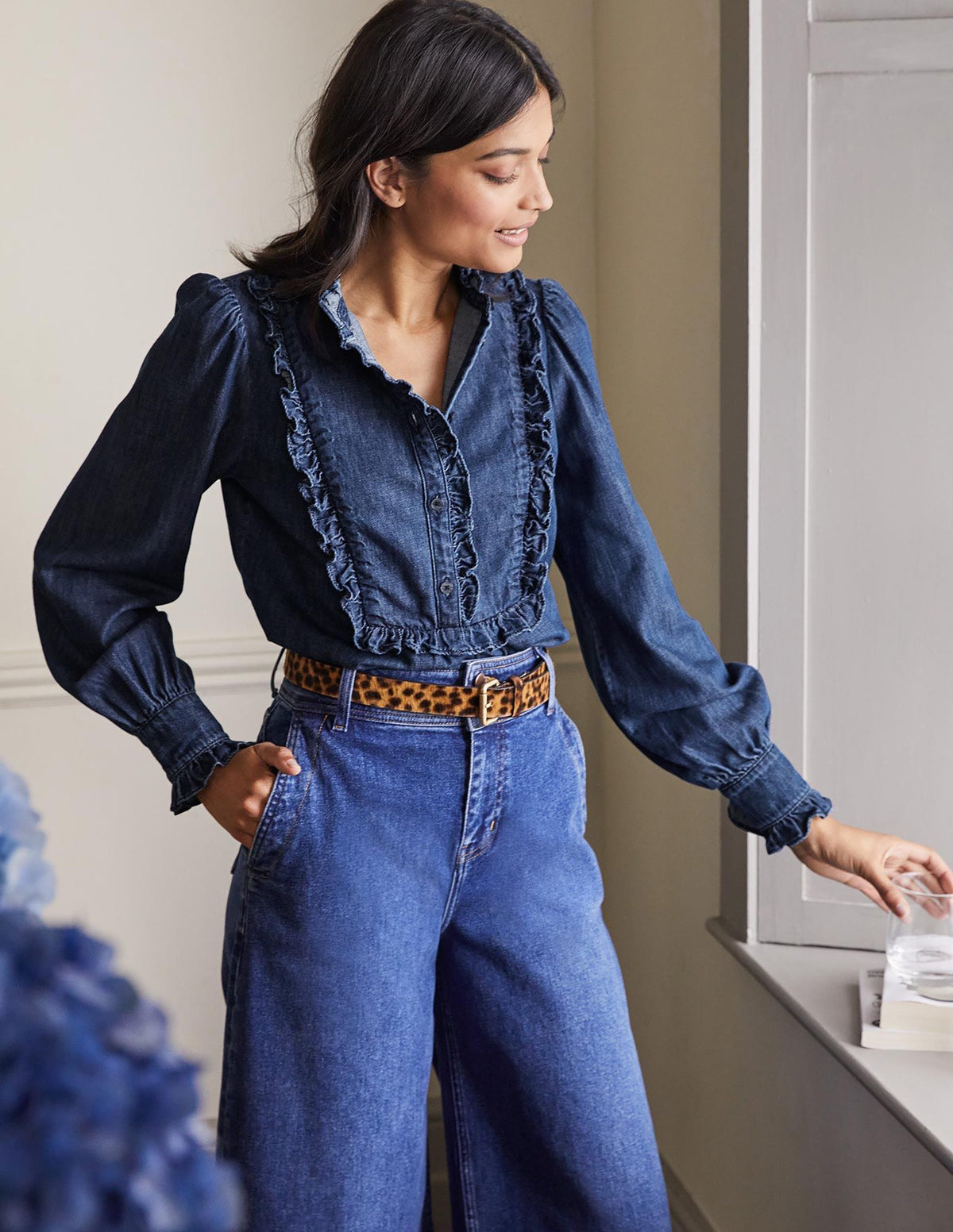 Isla Frill Detail Blouse-Denim-2
