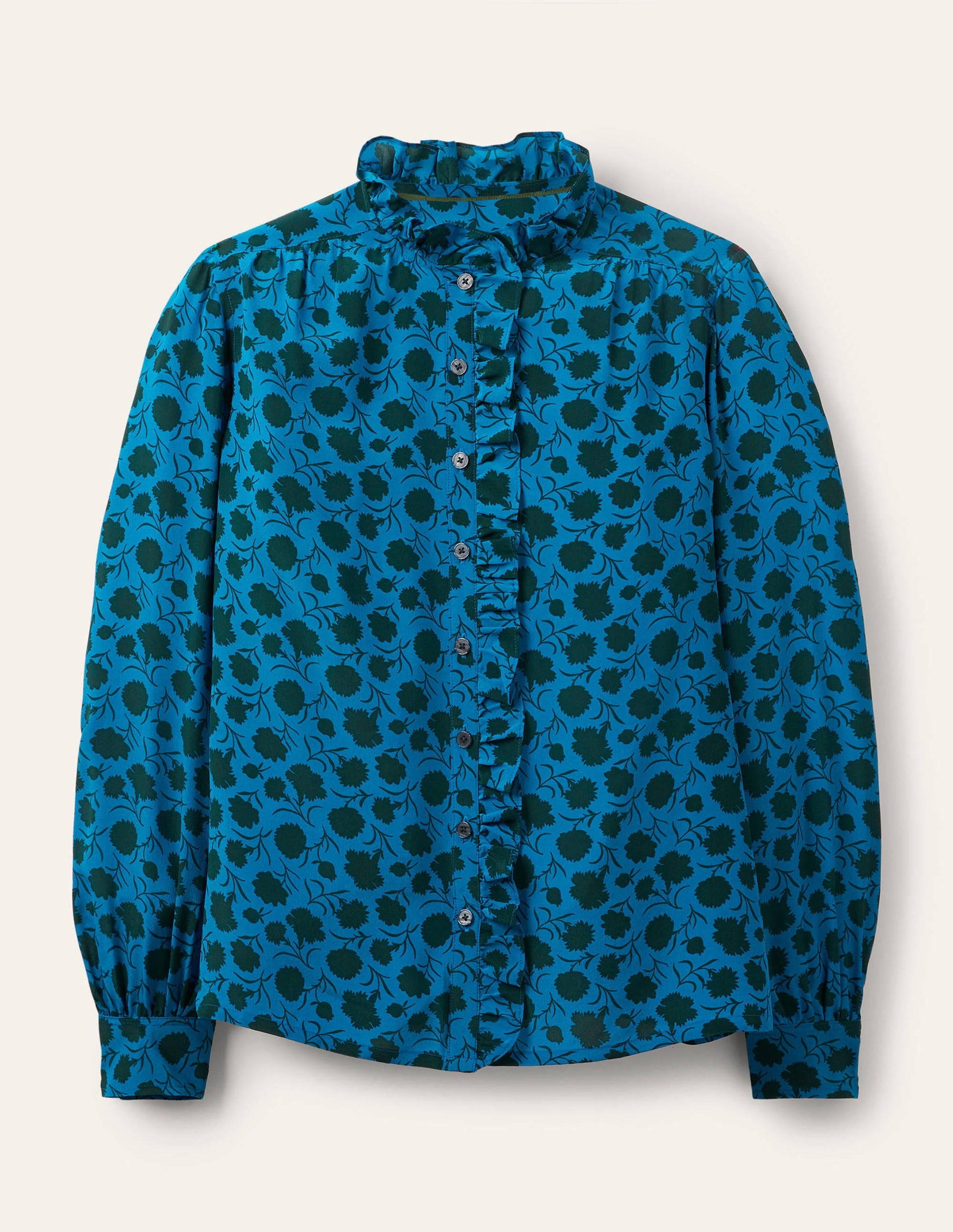 High Neck Ruffle Silk Blouse-Winter Azure, Leafy Bud-6
