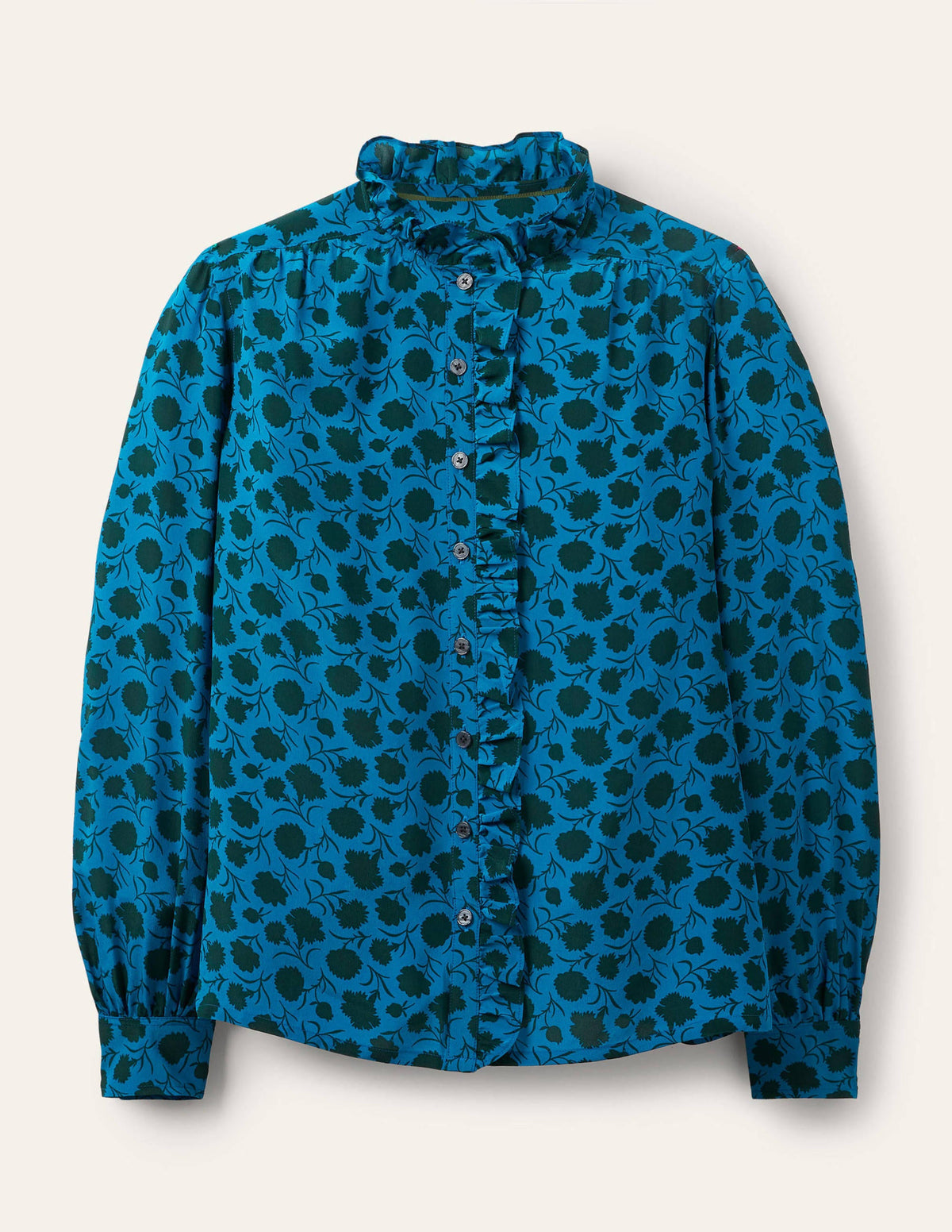 High Neck Ruffle Silk Blouse-Winter Azure, Leafy Bud - Image 6