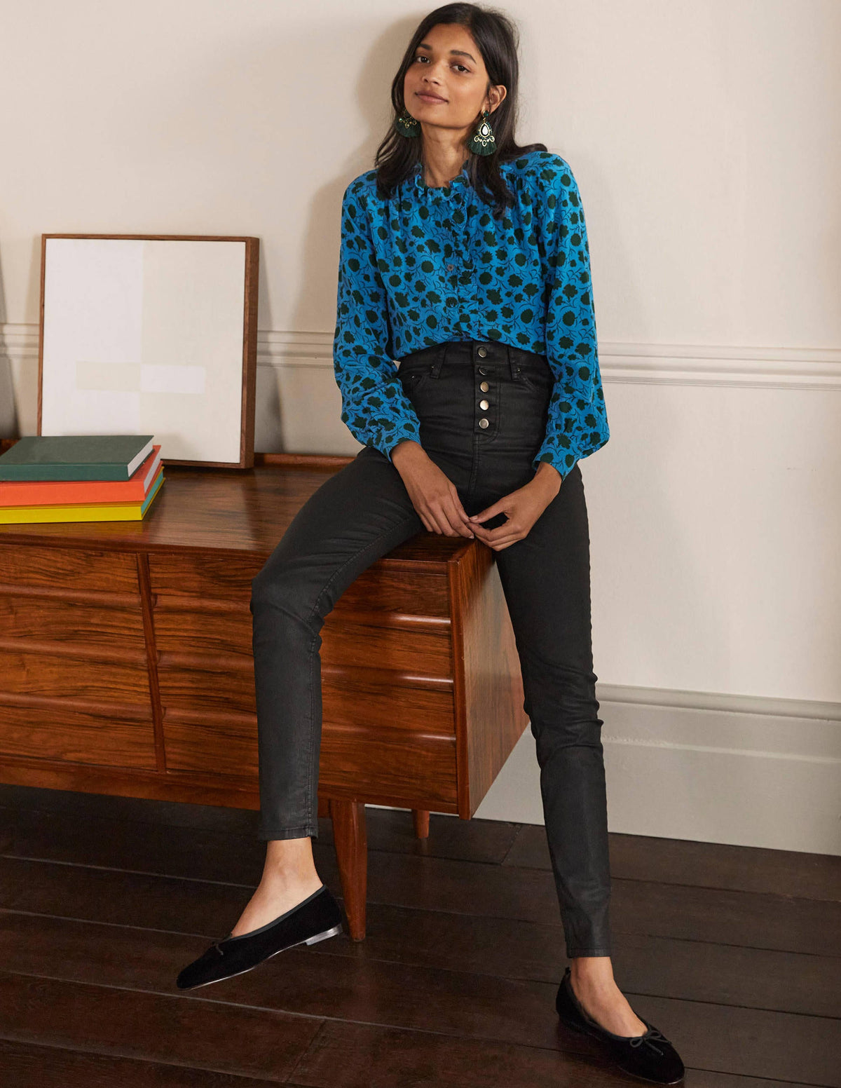 High Neck Ruffle Silk Blouse-Winter Azure, Leafy Bud - Image 4