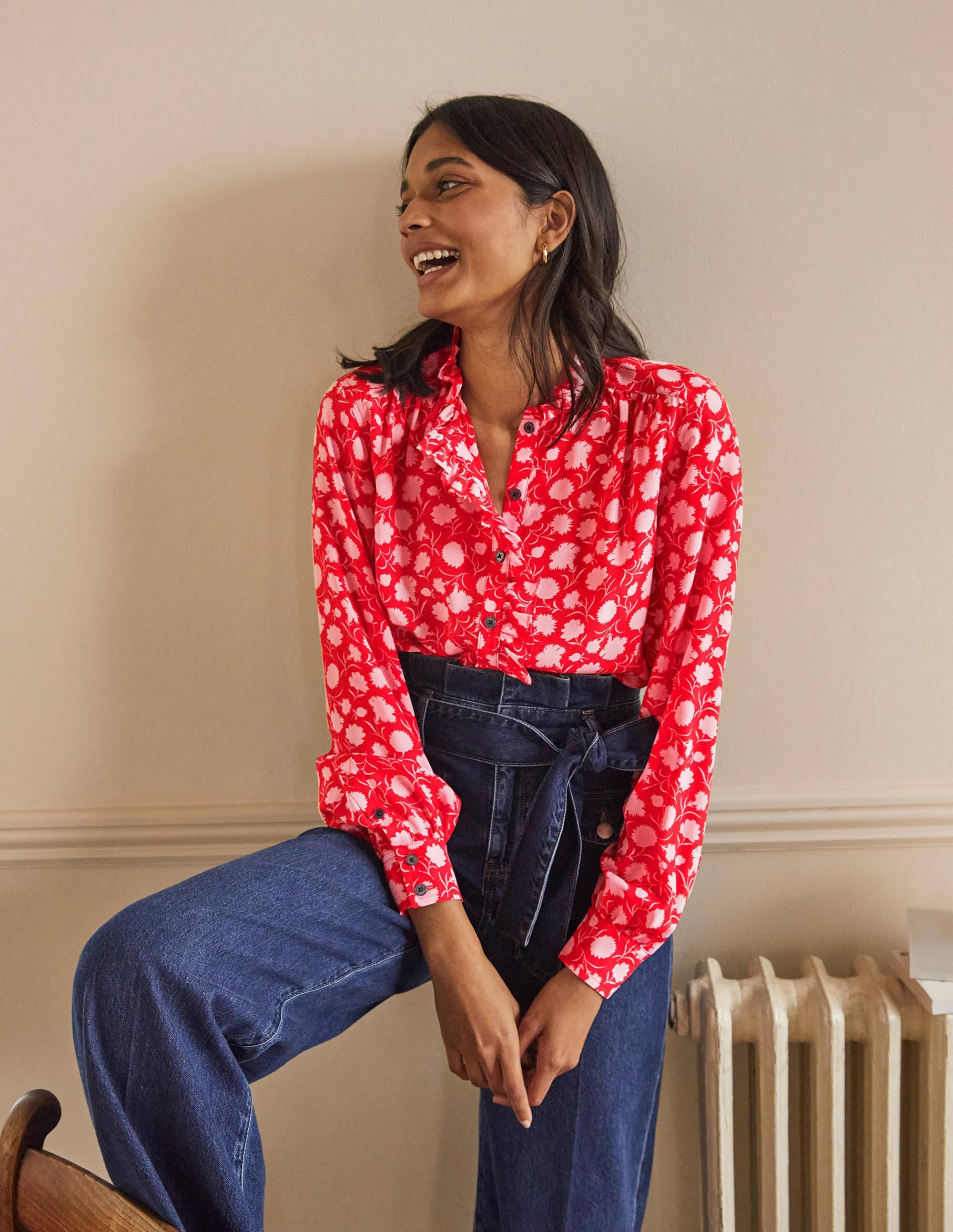 High Neck Ruffle Silk Blouse-Poppadew, Leafy Bud - Image 6