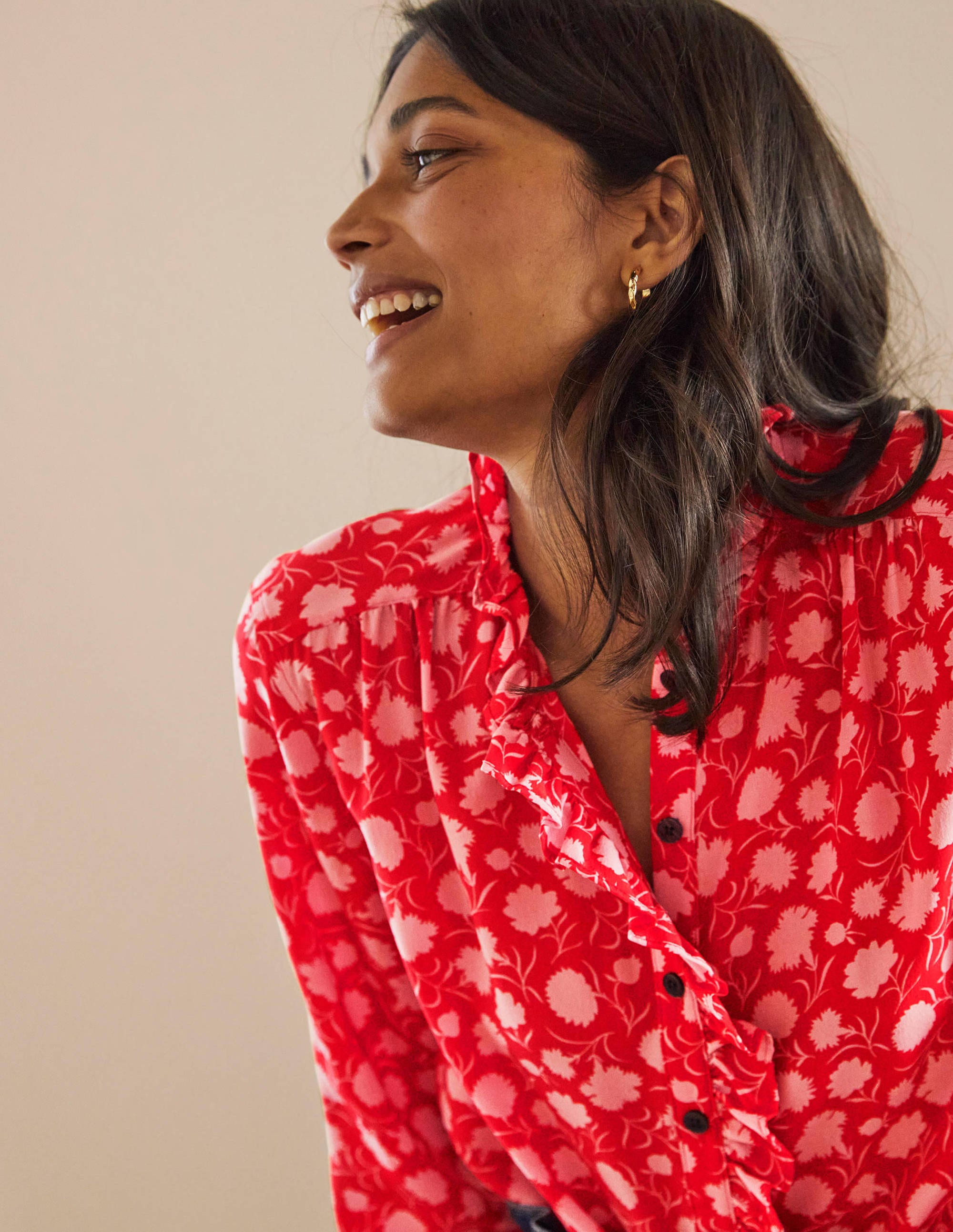 High Neck Ruffle Silk Blouse-Poppadew, Leafy Bud - Image 1