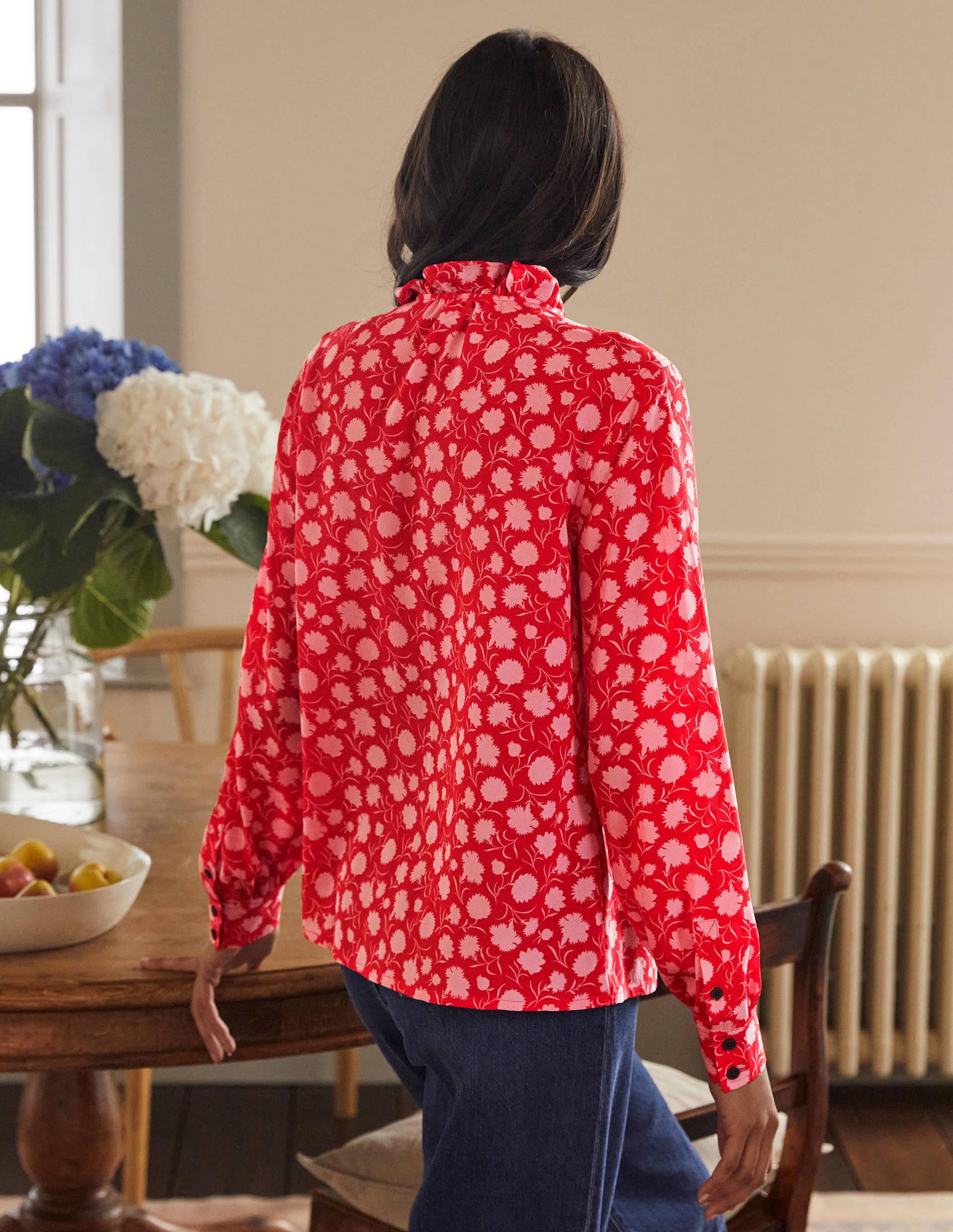 High Neck Ruffle Silk Blouse-Poppadew, Leafy Bud - Image 2
