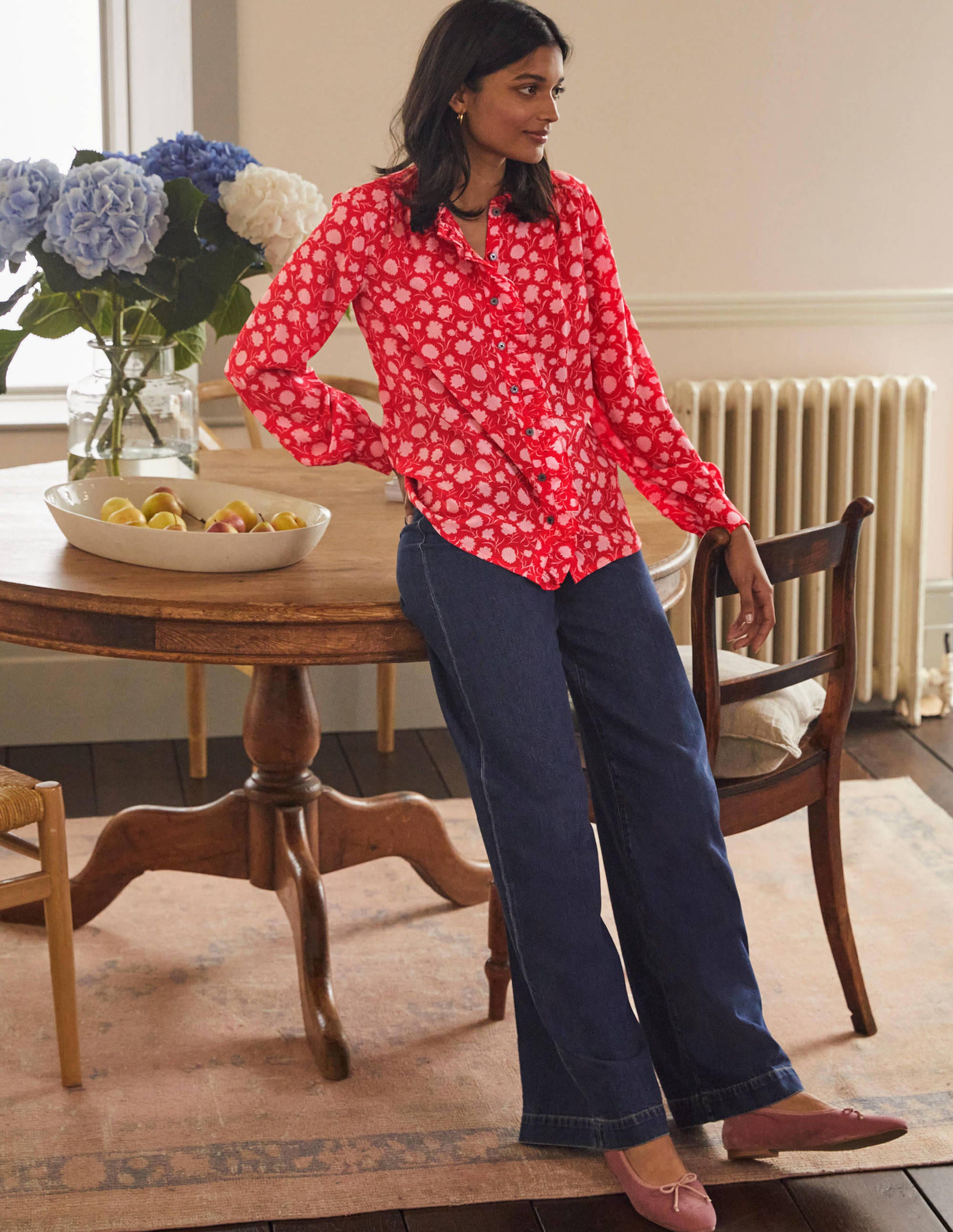 High Neck Ruffle Silk Blouse-Poppadew, Leafy Bud - Image 3