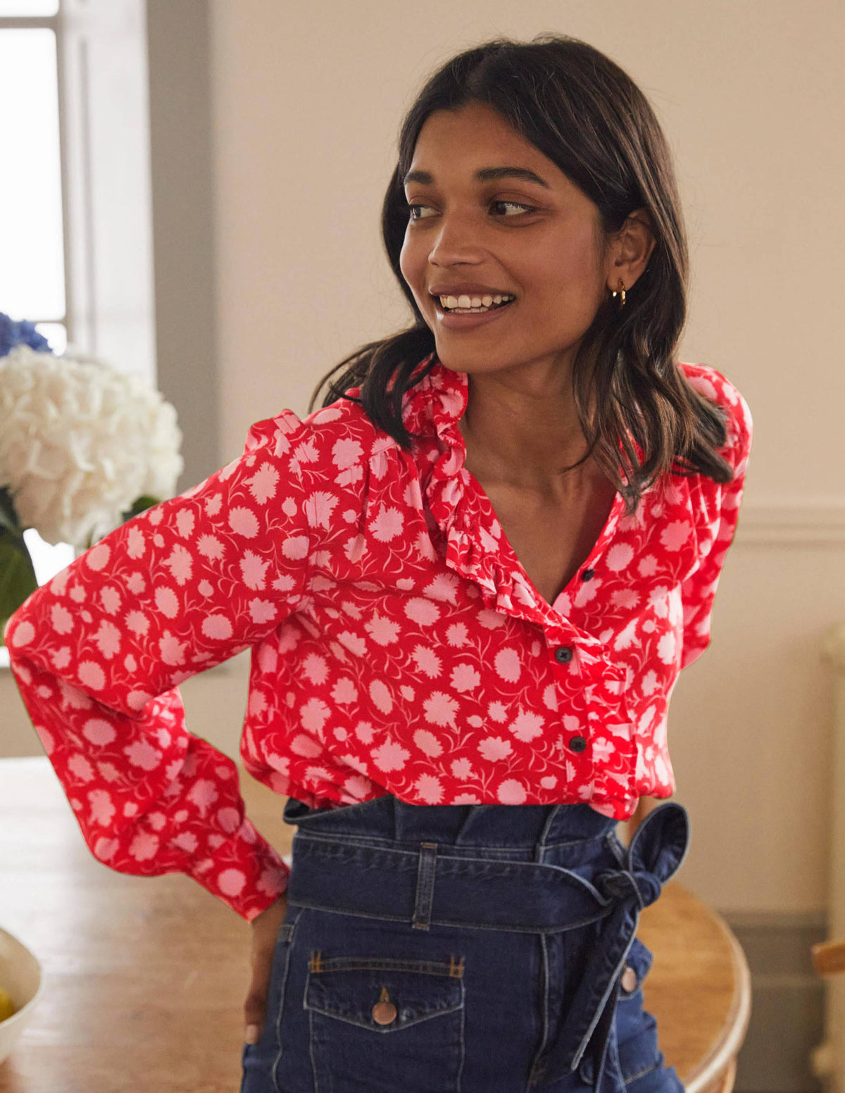 High Neck Ruffle Silk Blouse-Poppadew, Leafy Bud - Image 4