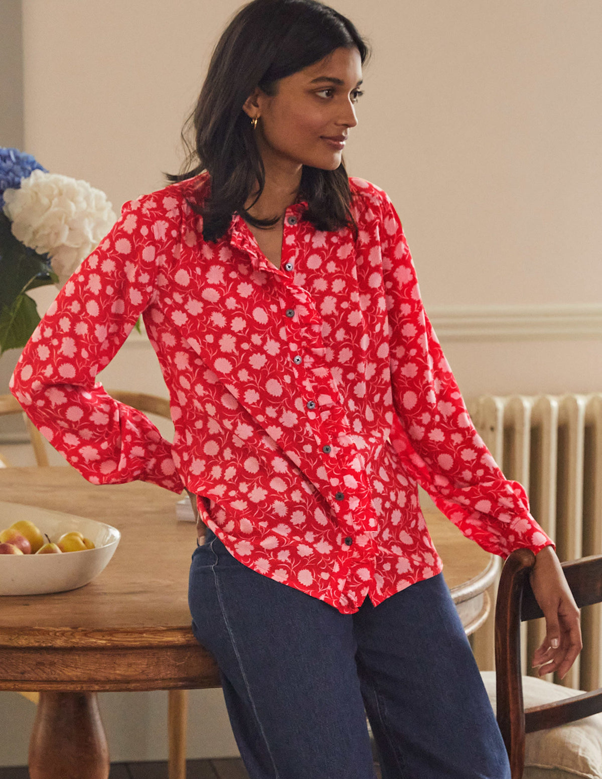 High Neck Ruffle Silk Blouse-Poppadew, Leafy Bud - Image 5
