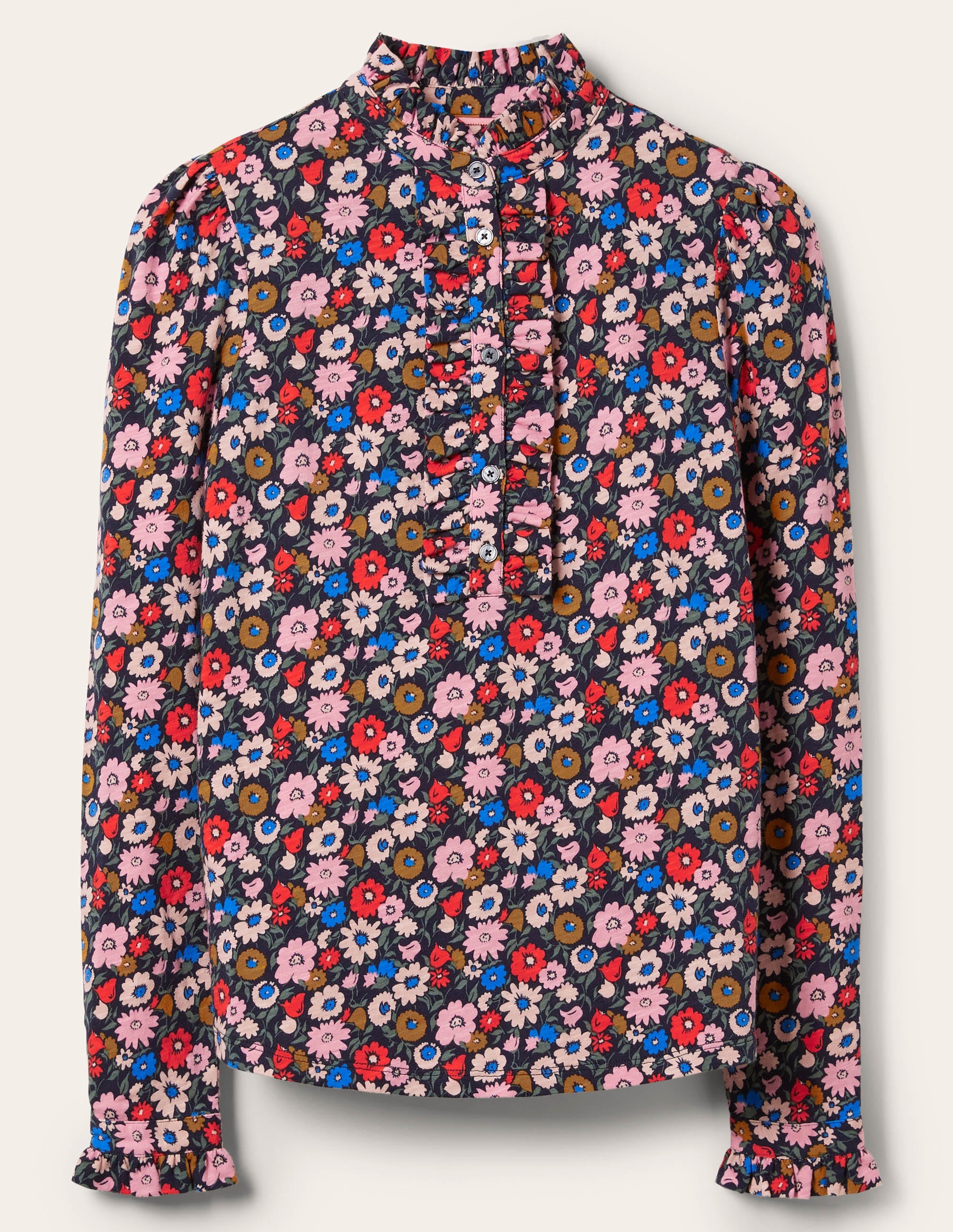 Ruffle Front Jersey Top-French Navy, Elegant Bloom - Image 5