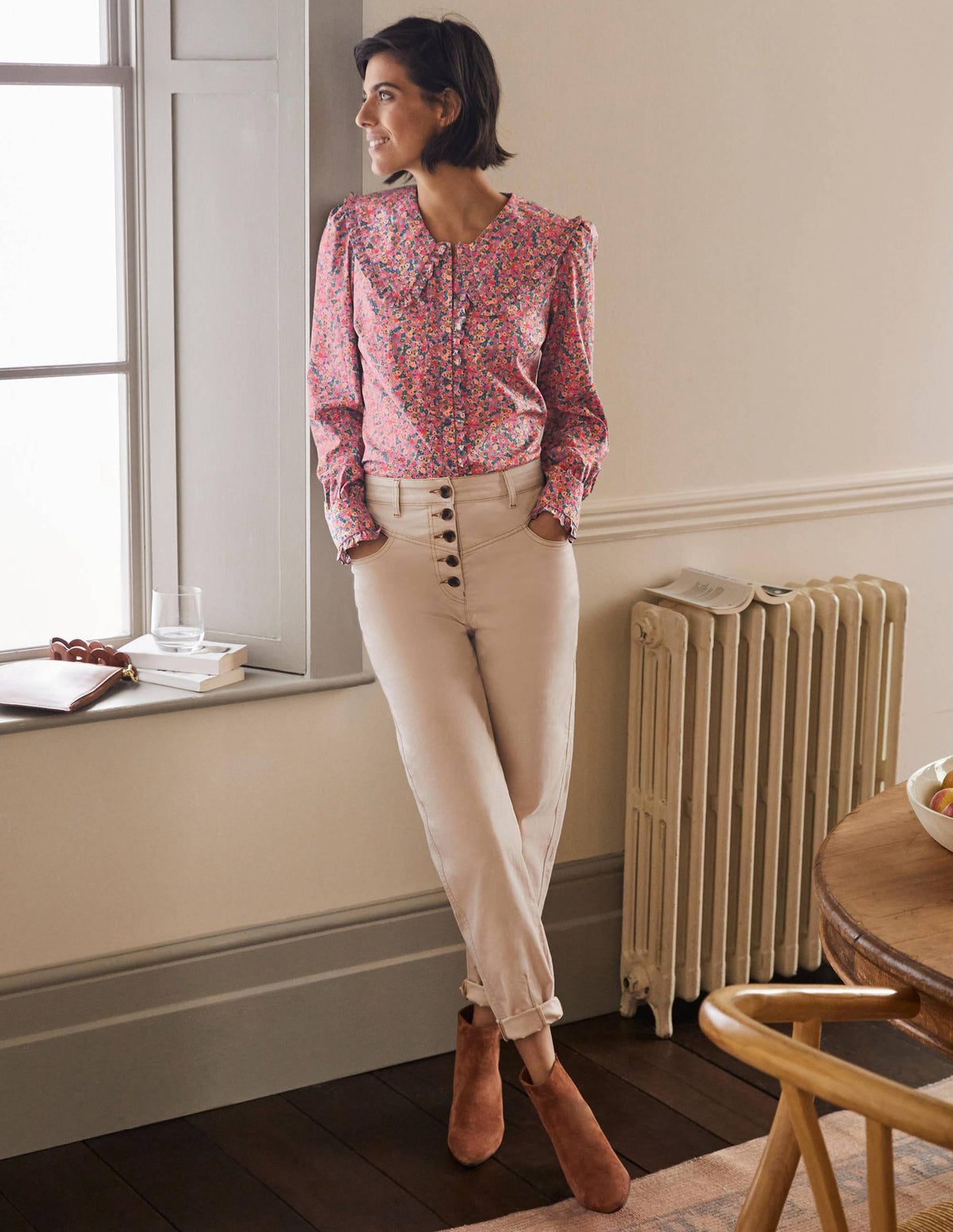 Statement Collar Shirt-Dusty Red, Dainty Flowers-4