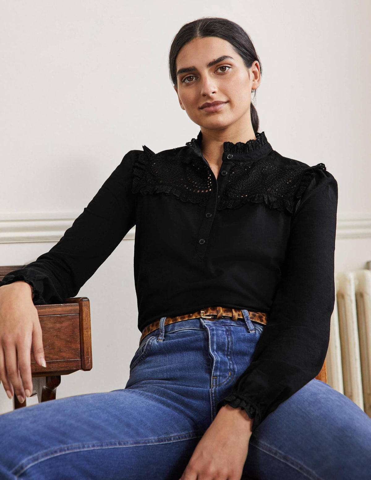 Broderie Yoke Jersey Top-Black - Image 1