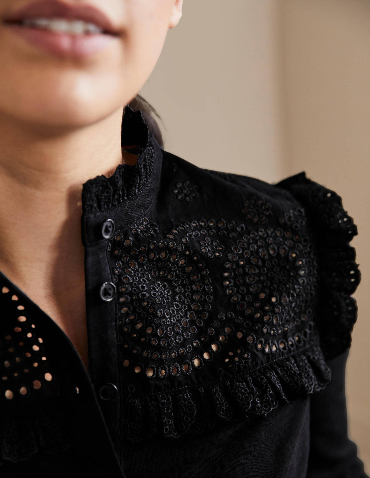 Broderie Yoke Jersey Top-Black - Image 2