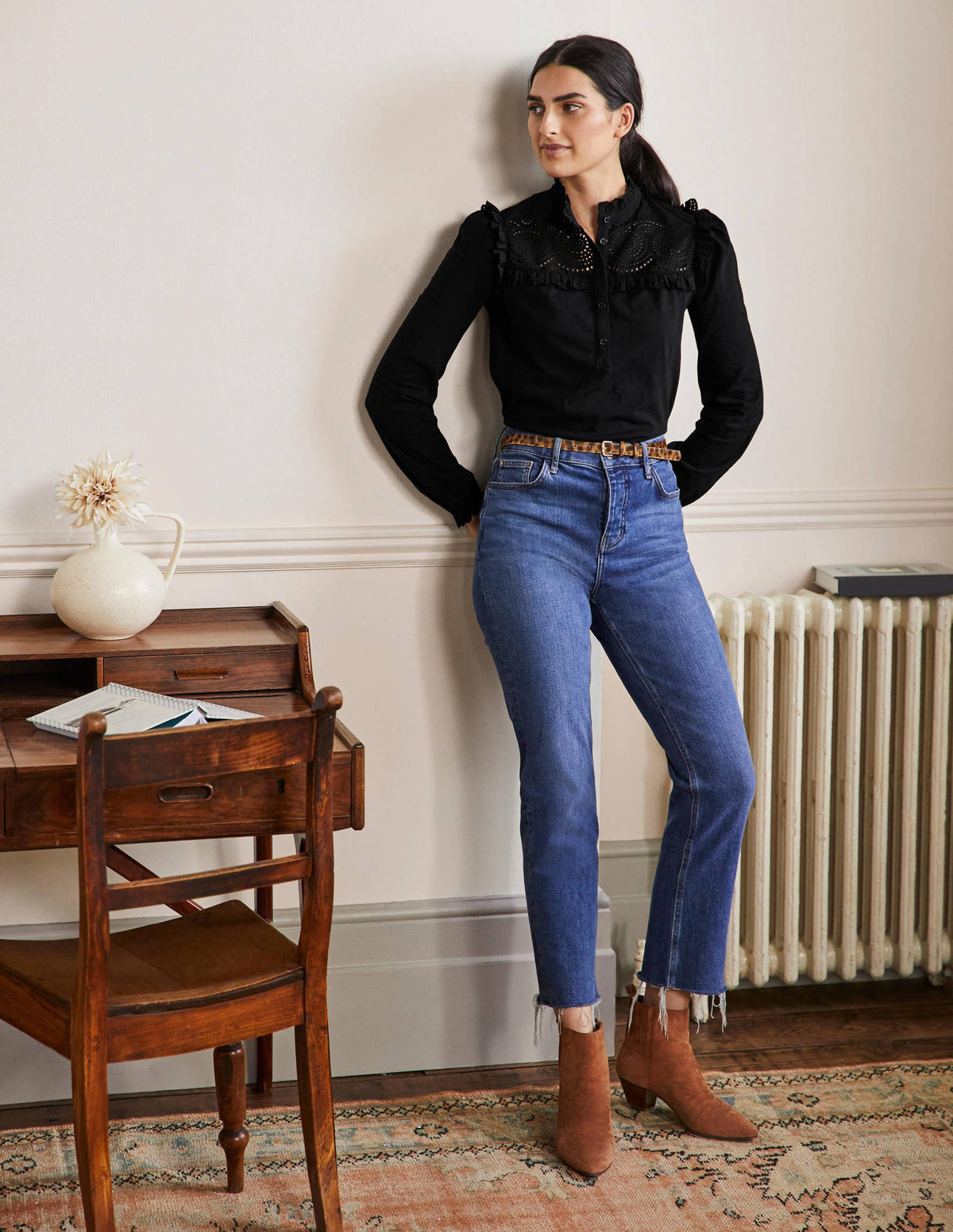 Broderie Yoke Jersey Top-Black-4