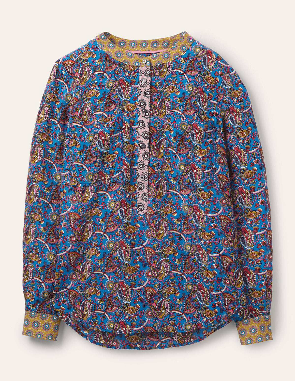 Silk Collarless Blouse-Winter Azure-6