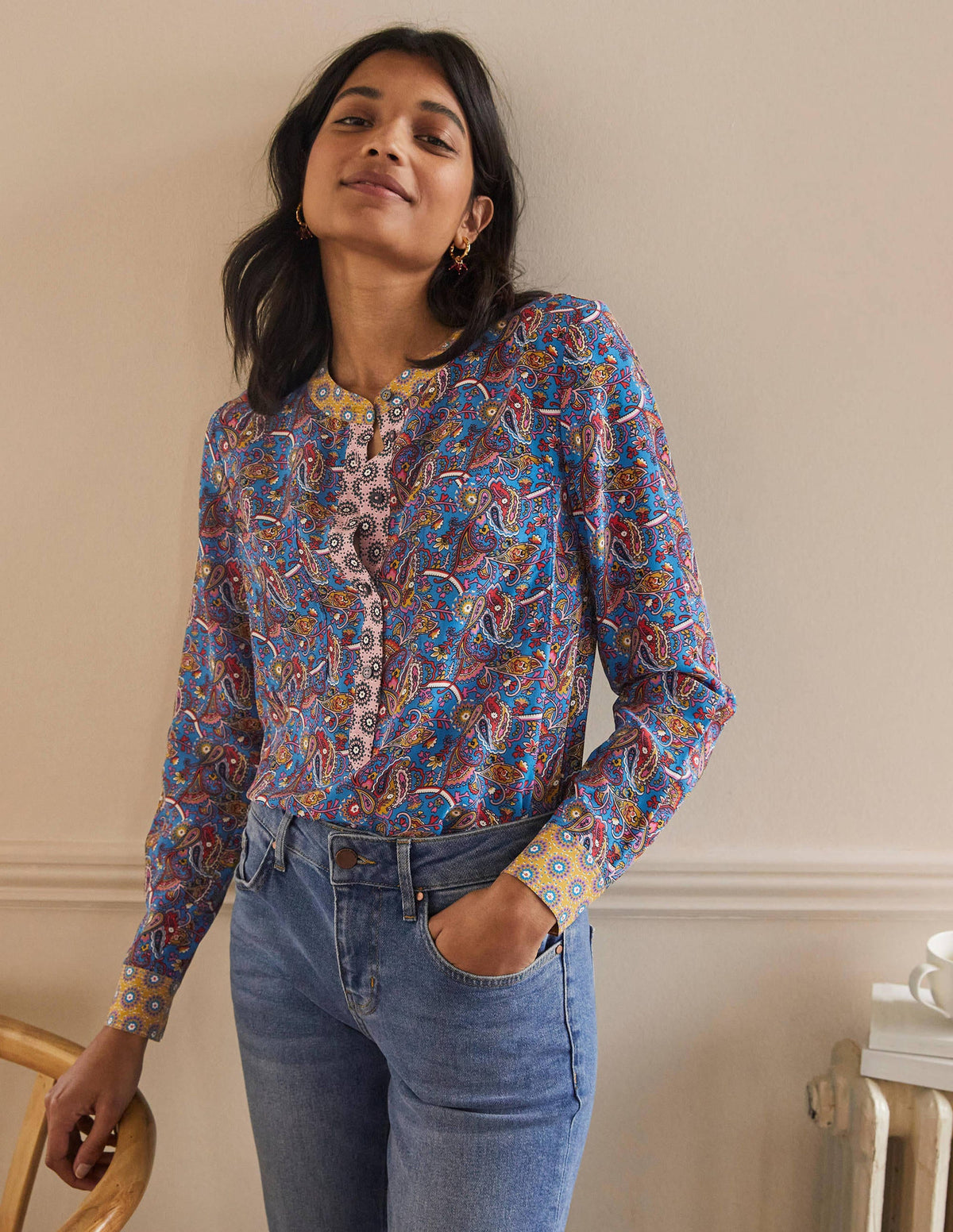 Silk Collarless Blouse-Winter Azure-5