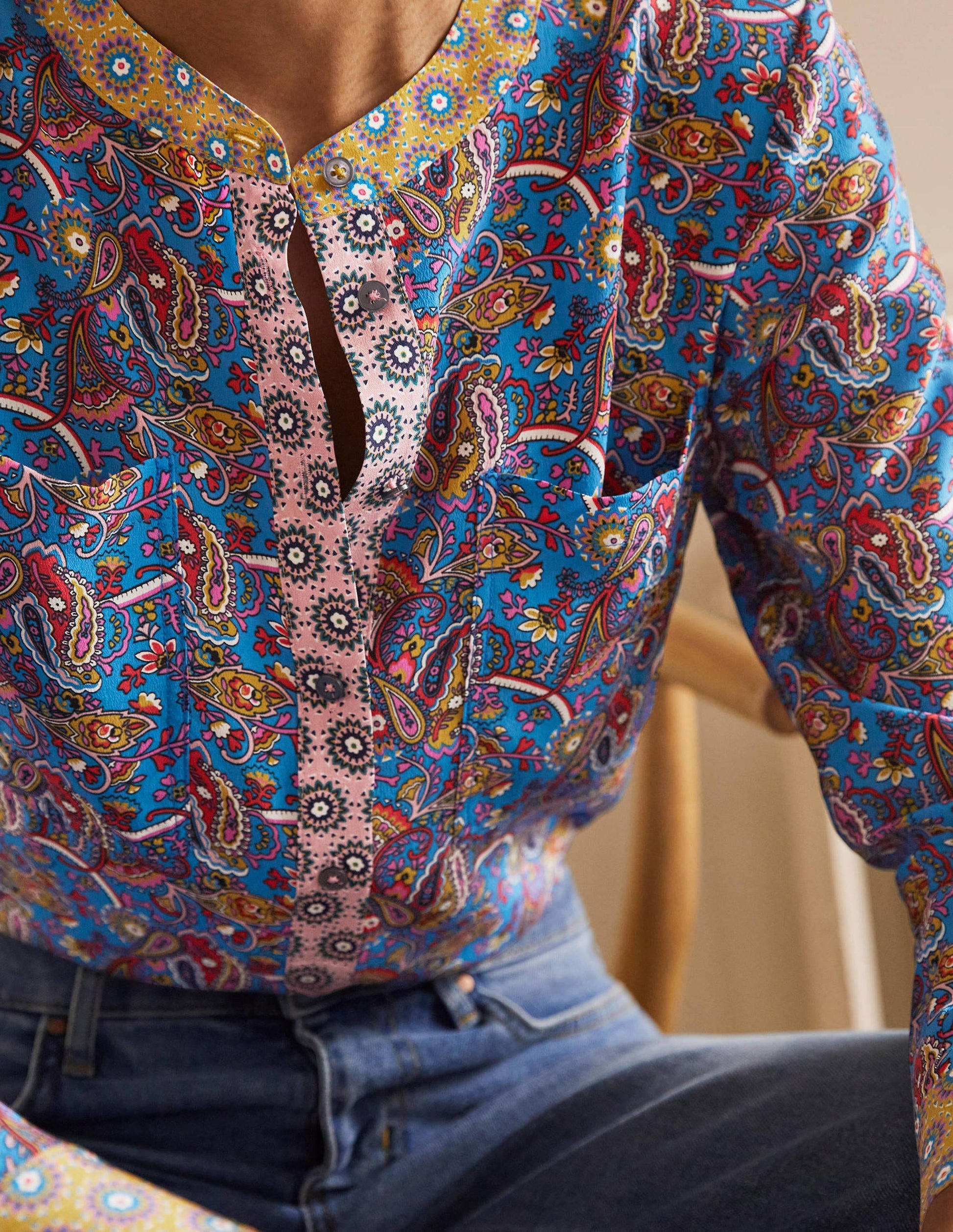 Silk Collarless Blouse-Winter Azure-1