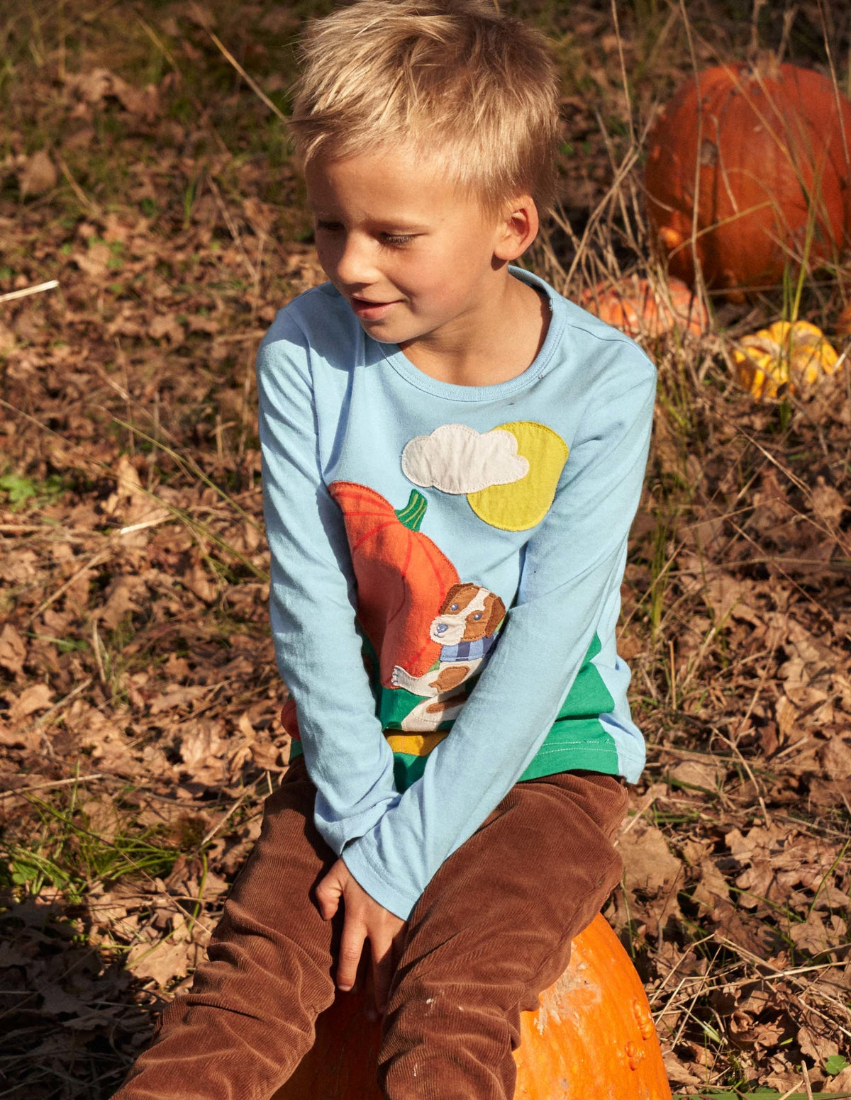 Blue Pumpkin Appliqué Long-Sleeved Halloween T-shirt-Surfboard Blue Pumpkin-6