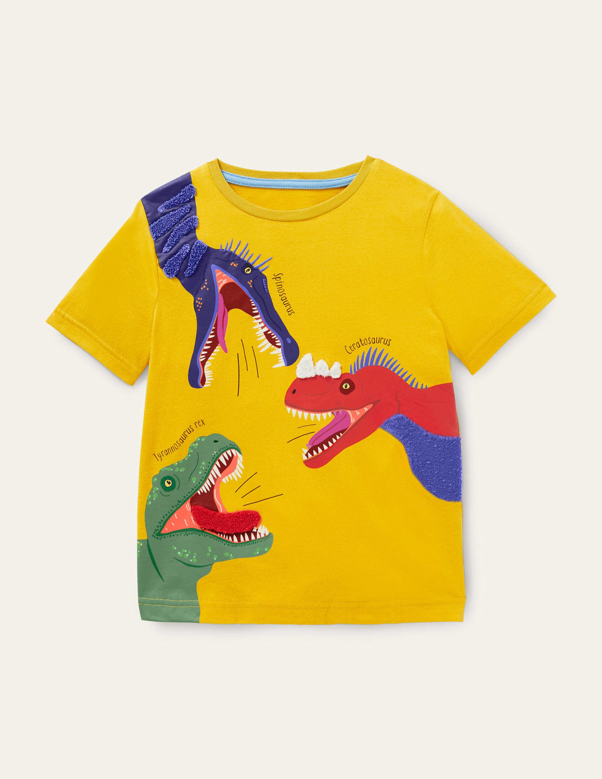 Peeking In Appliqué T-shirt-Daffodil Yellow Dinosaurs-1
