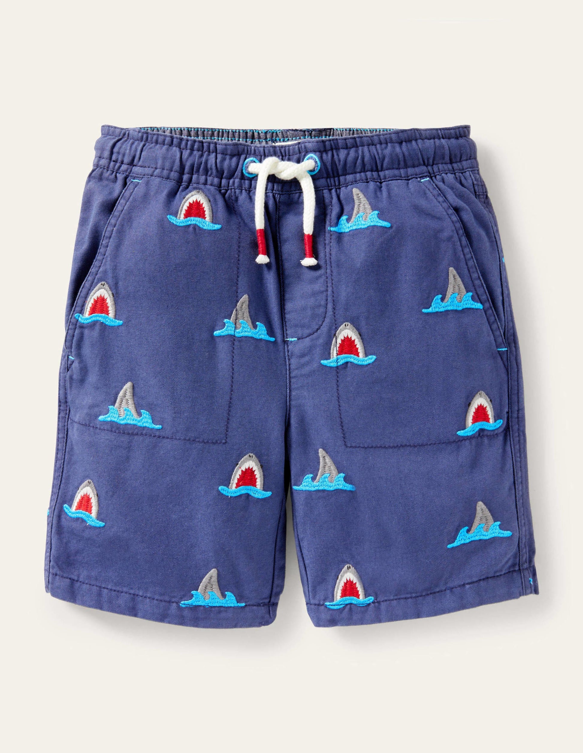 Navy Shark Pull-on Drawstring Shorts-Navy Shark Embroidery-1