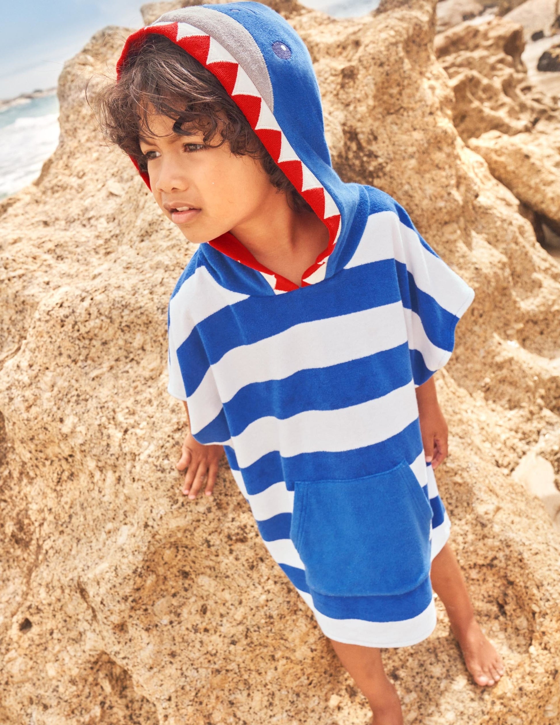 Blue Stripe Shark Towelling Poncho-Ivory/Bright Marina Blue Shark-4