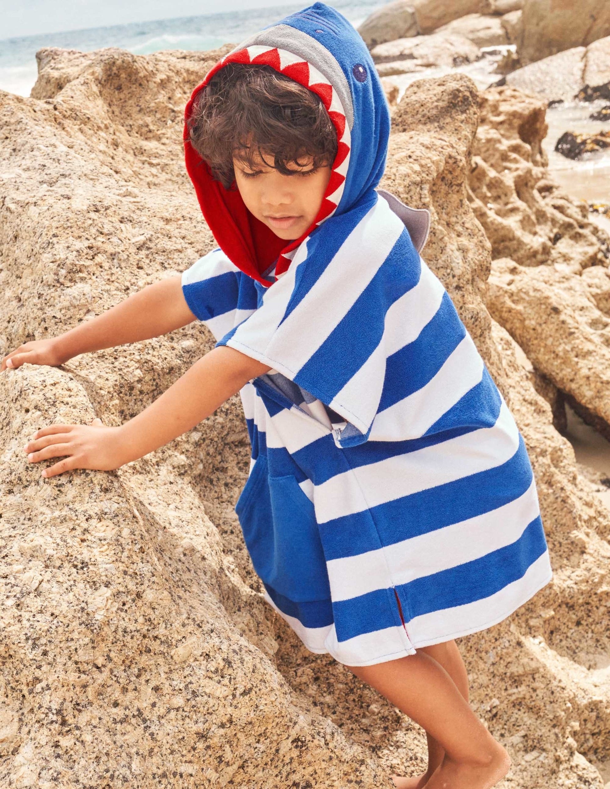 Blue Stripe Shark Towelling Poncho-Ivory/Bright Marina Blue Shark-6