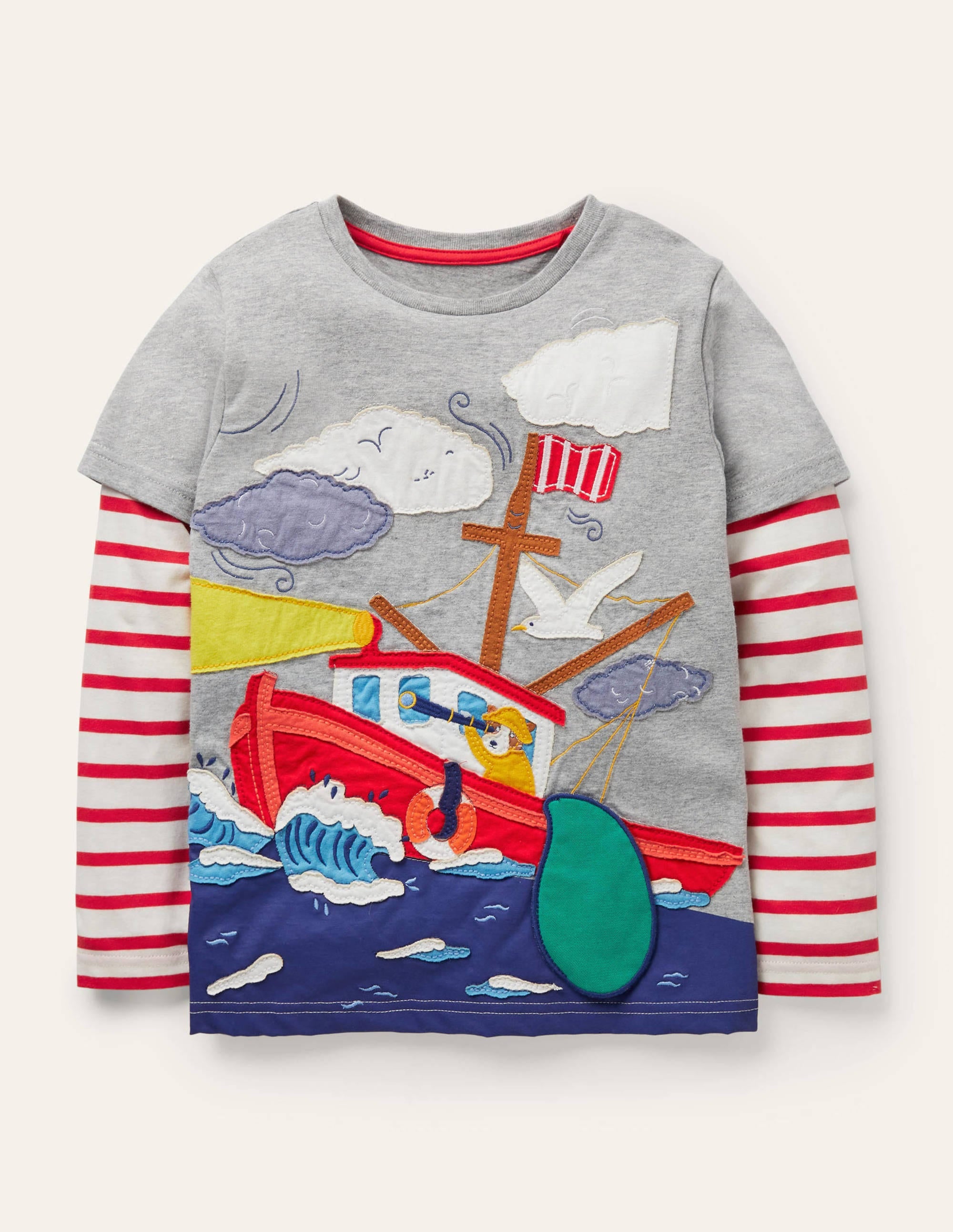 Lift-the-flap Fishing T-shirt-Grey Marl Fishing Boat - Image 1