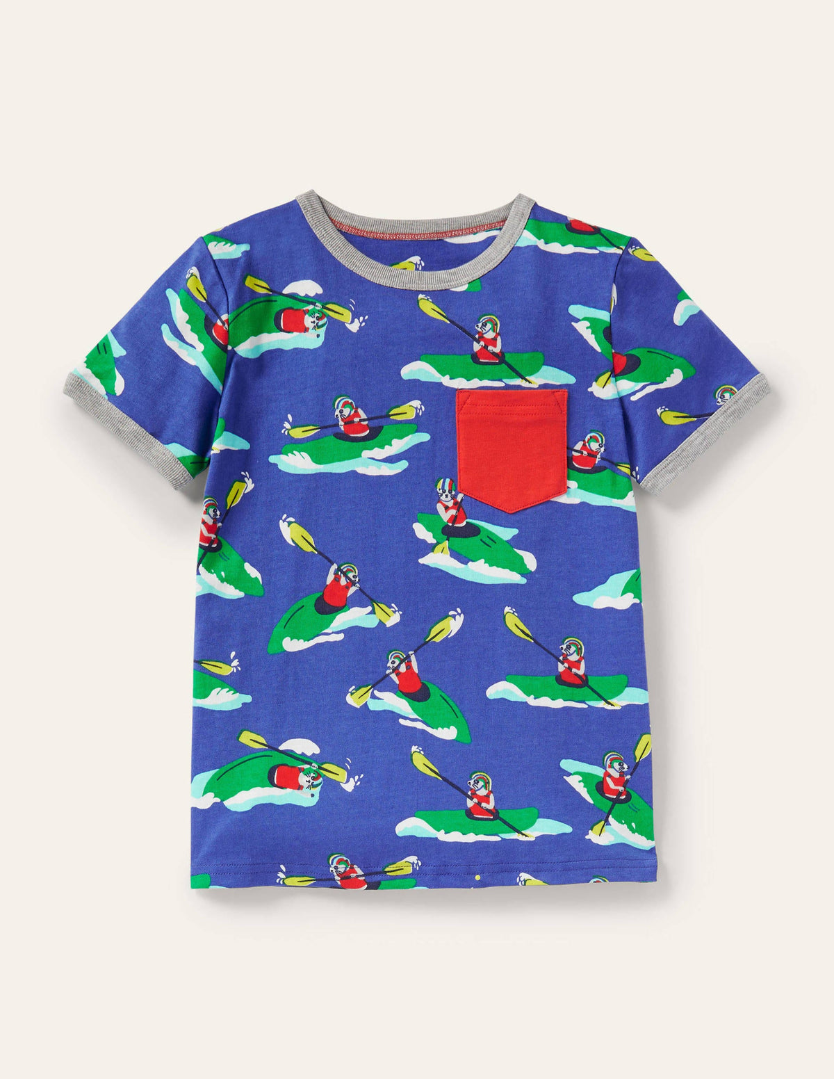 Graphic Vacation T-shirt-Blue Wave Kayaking Meerkat - Image 1