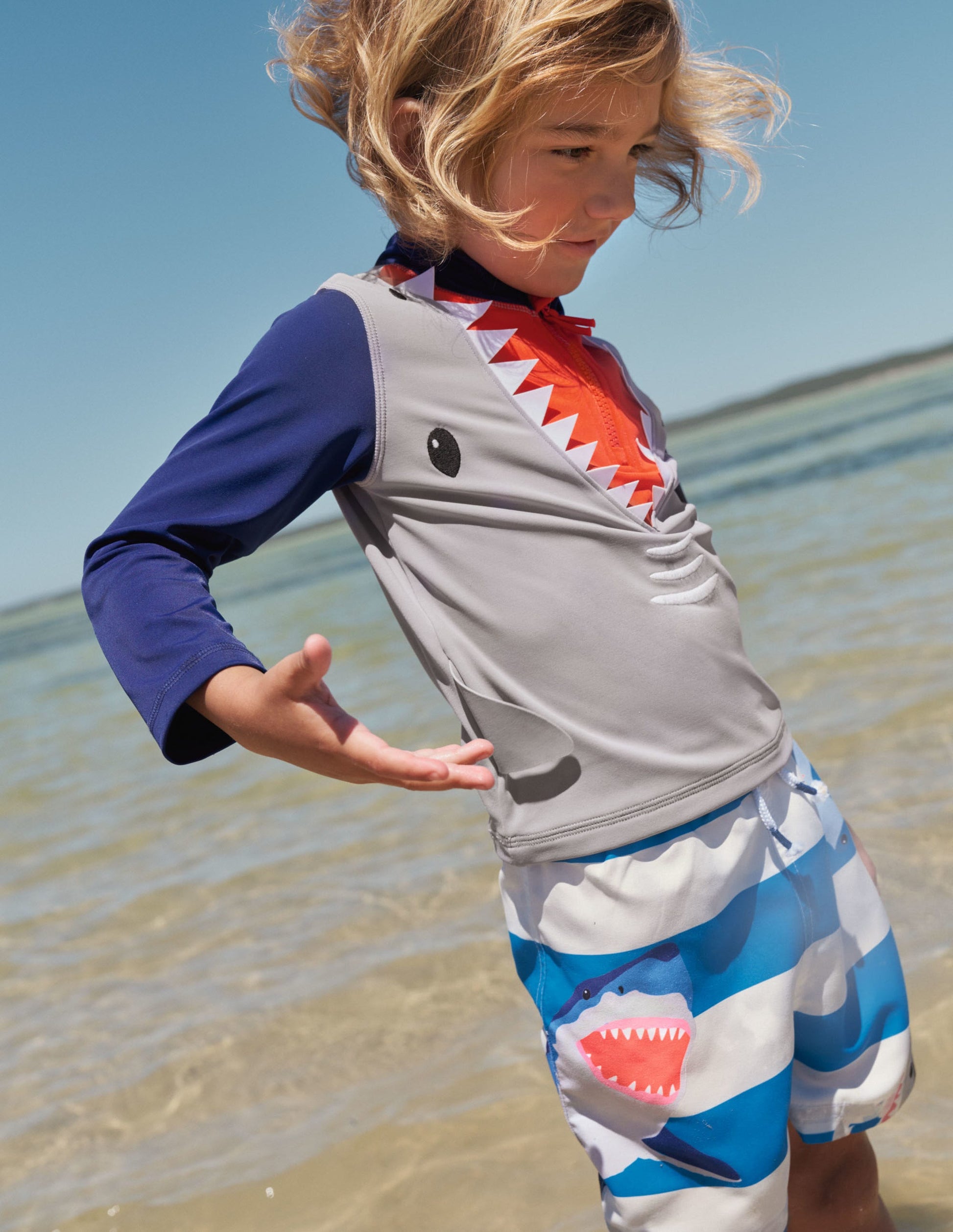 Navy Shark Half-zip Rash Vest-Stone Grey Shark-4