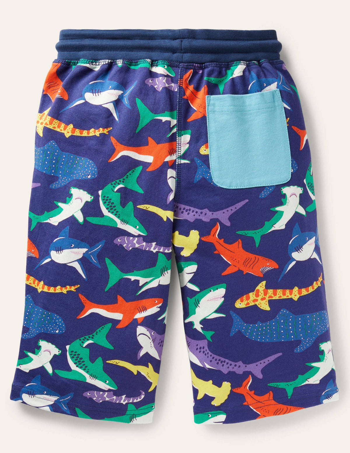 Navy Shark Jersey Drawstring Shorts-Starboard Blue Multi Sharks-2