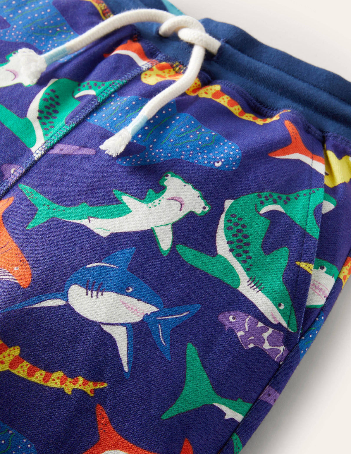 Navy Shark Jersey Drawstring Shorts-Starboard Blue Multi Sharks-3