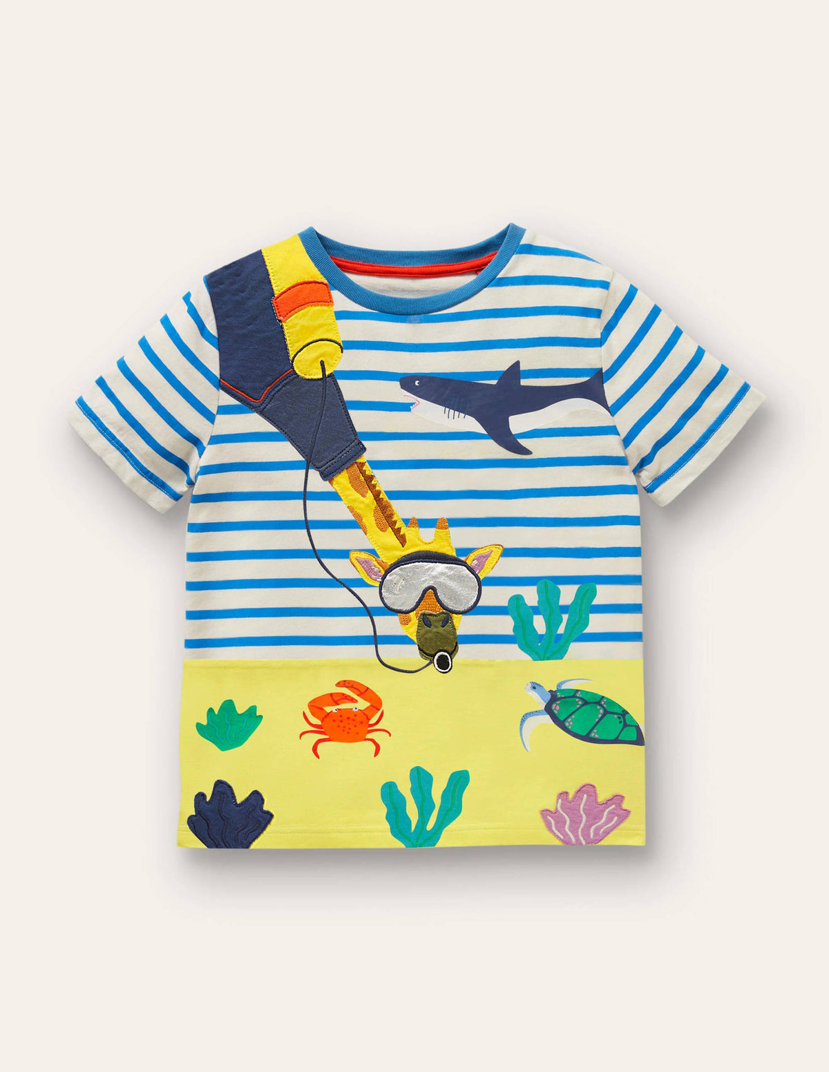 Stripy Animal Appliqué T-shirt-Ivory/Moroccan Blue Giraffe - Image 1