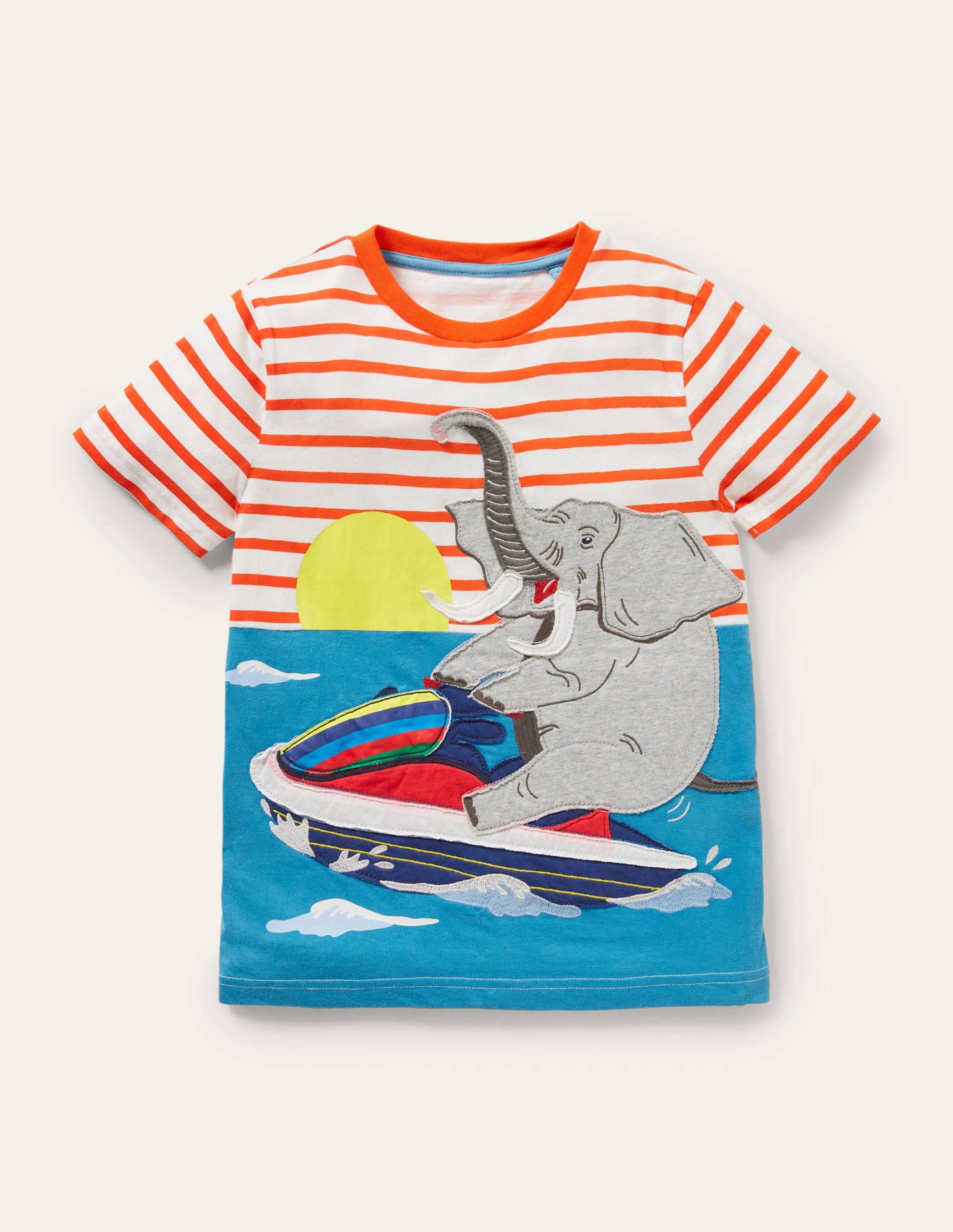 Stripy Animal Appliqué T-shirt-Ivory/Mandarin Orange Elephant - Image 1